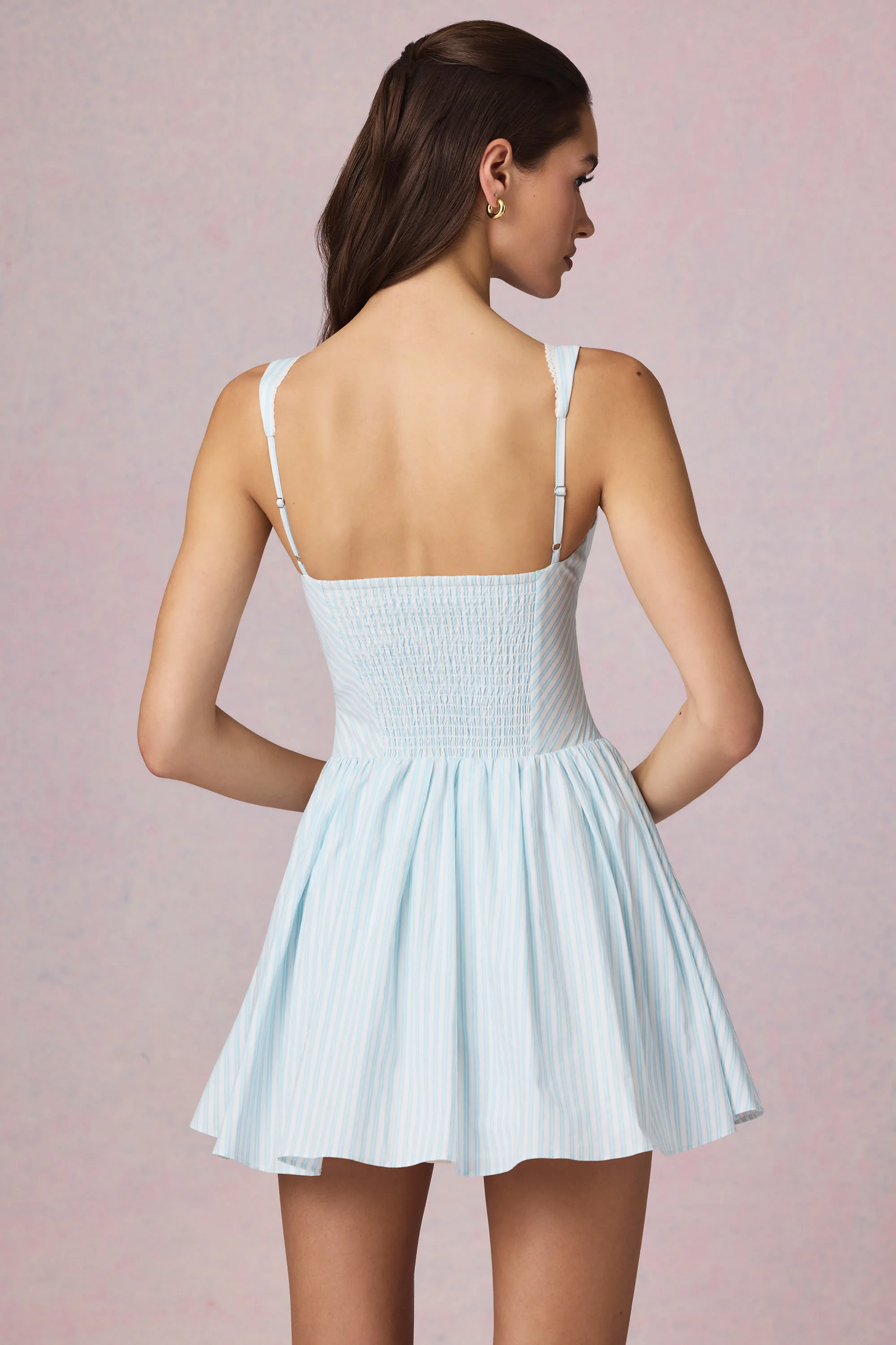 Bow-Detail A-Line Mini Dress in Powder Blue Stripe - Image 3