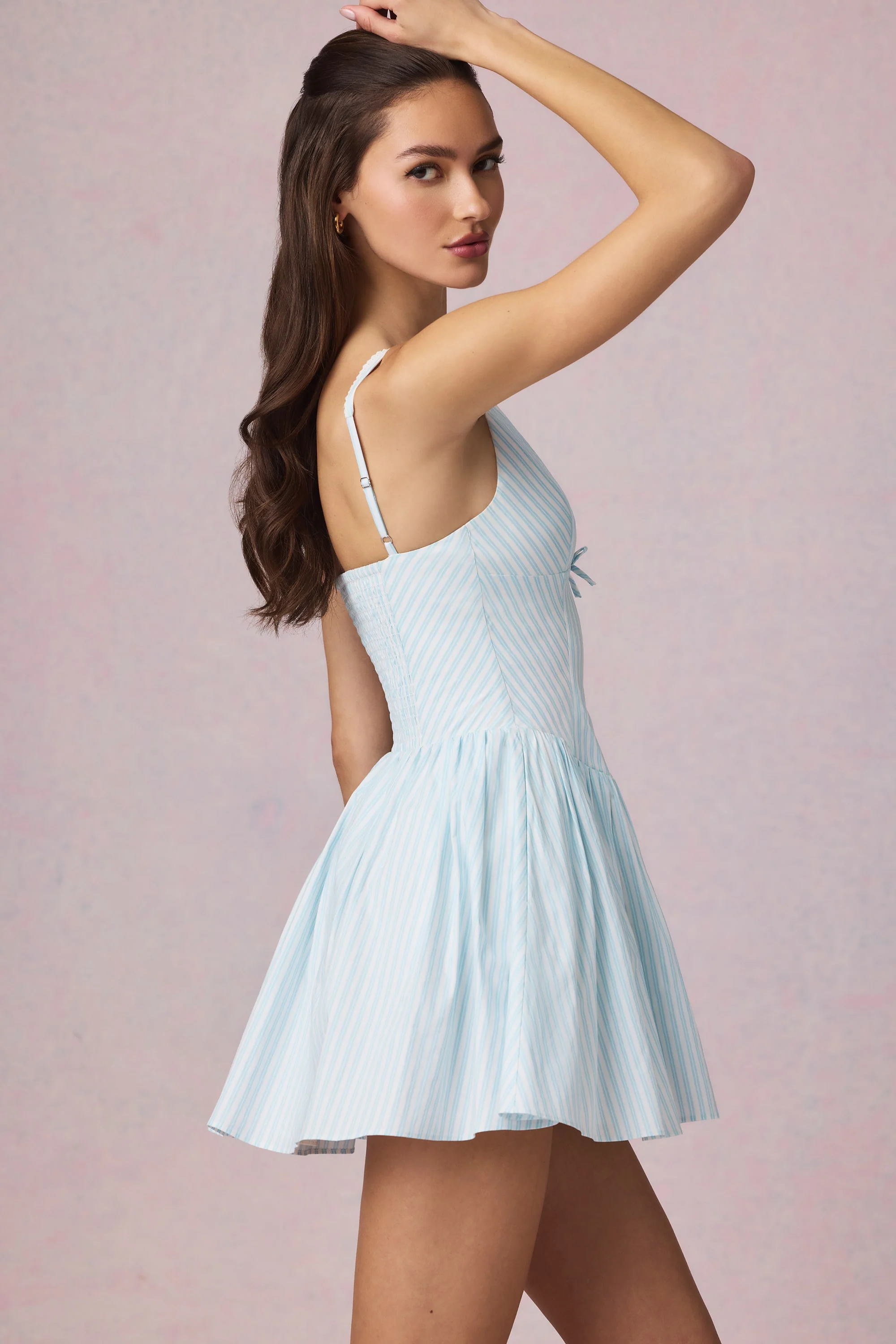 Bow-Detail A-Line Mini Dress in Powder Blue Stripe - Image 6