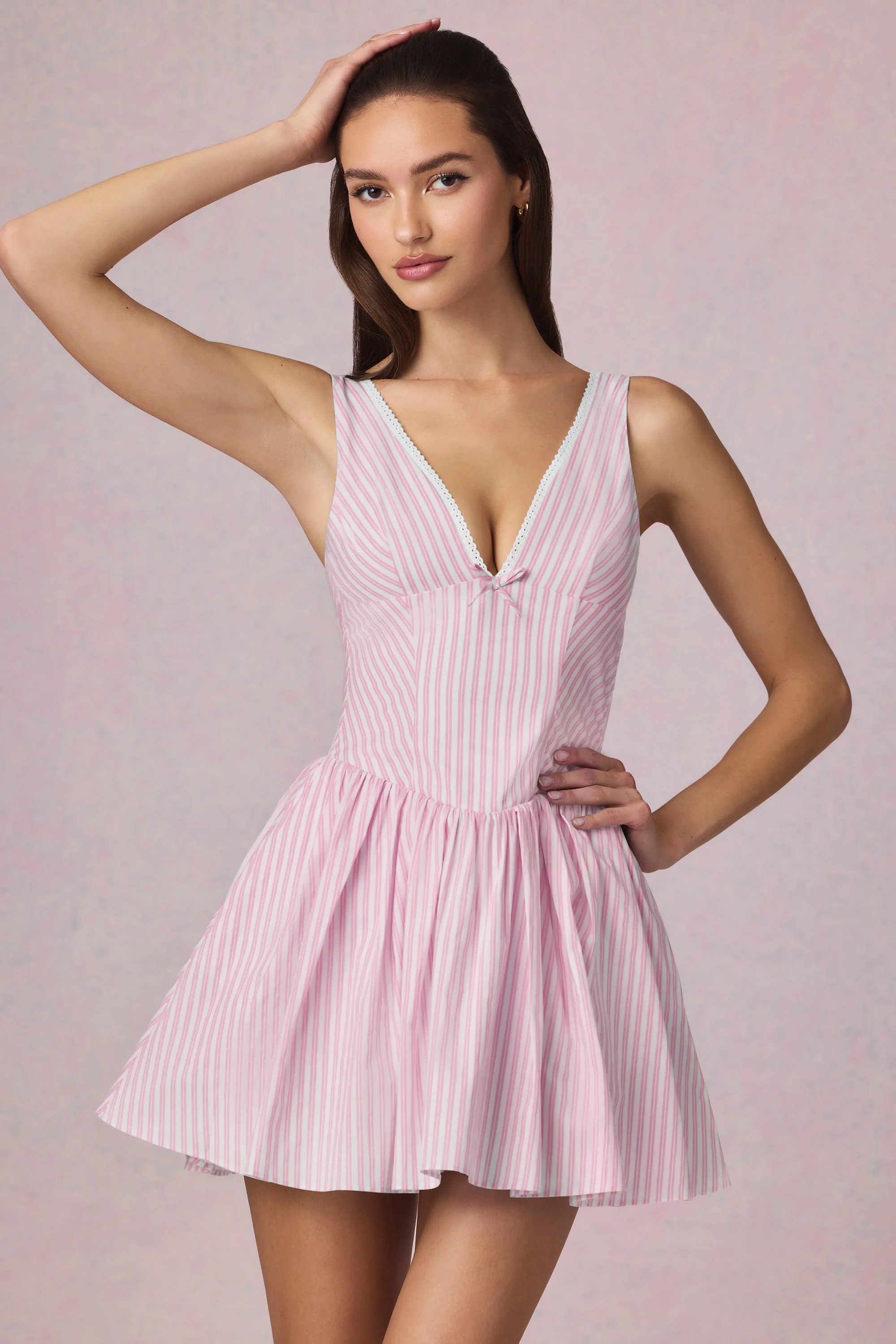 Bow-Detail A-Line Mini Dress in Soft Mauve Stripe - Image 7