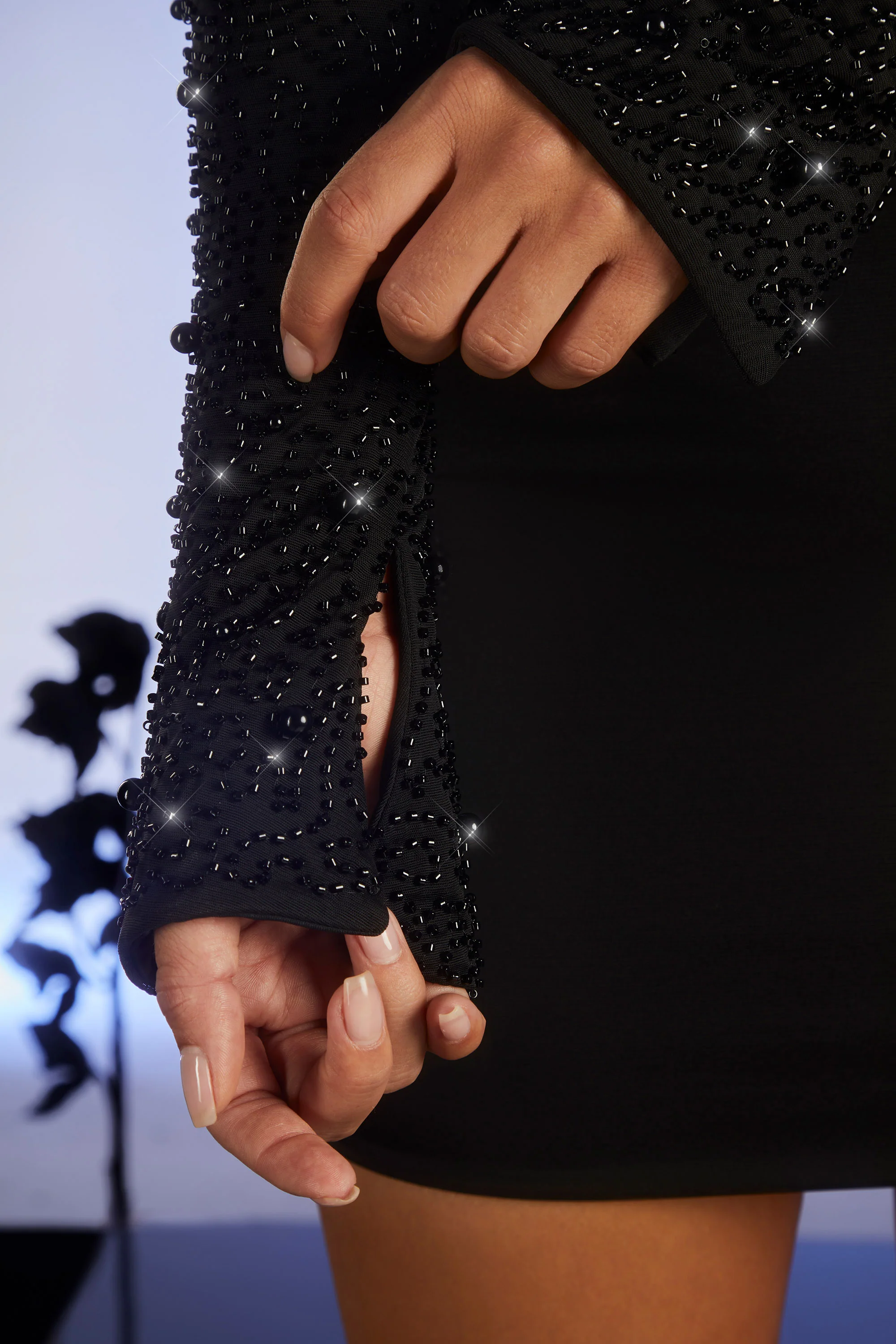 Embellished Long Sleeve Cut Out Mini Dress in Black - Image 5
