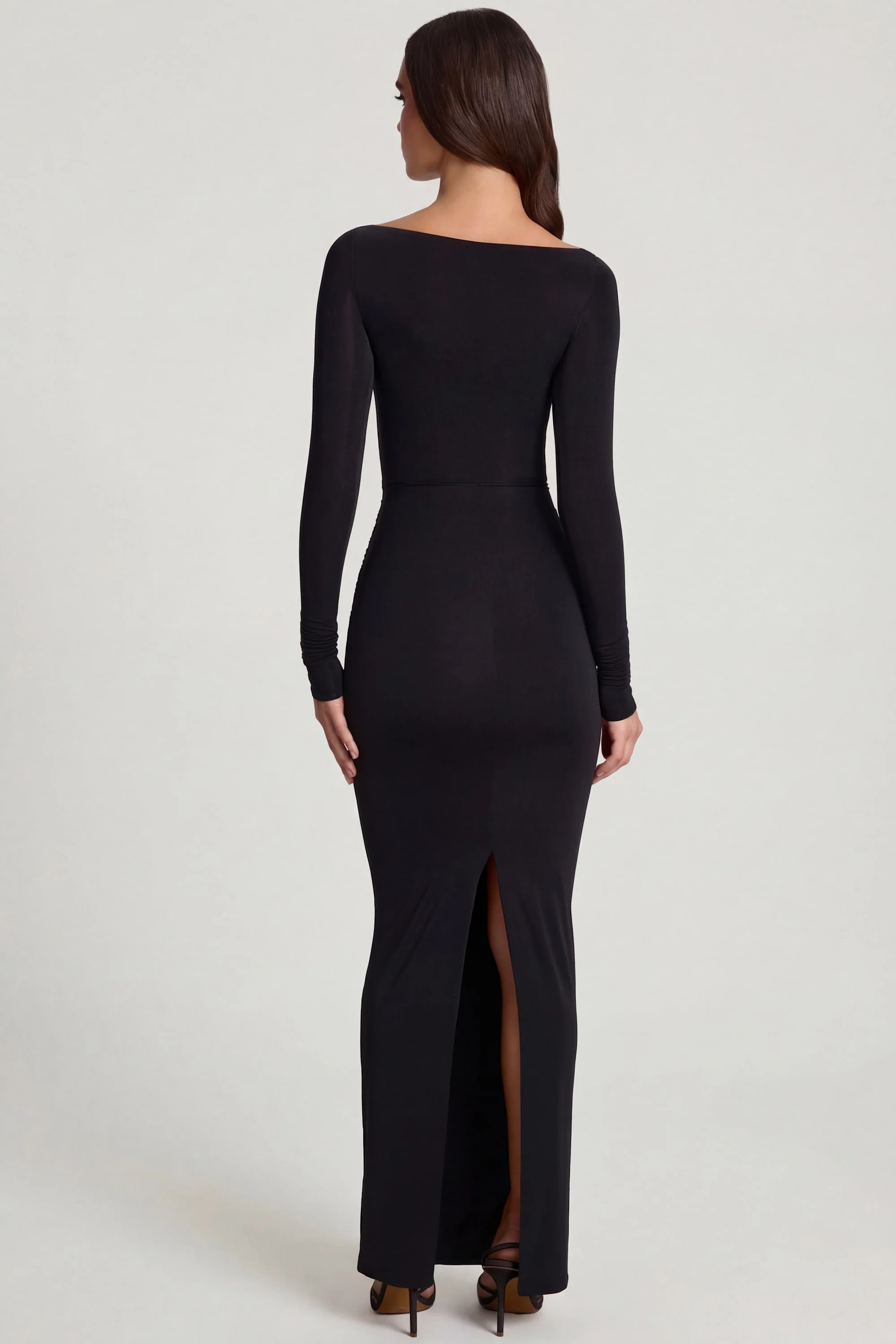 Soft Jersey Boat-Neck Tie-Gather Maxi Dress in Black - Image 2