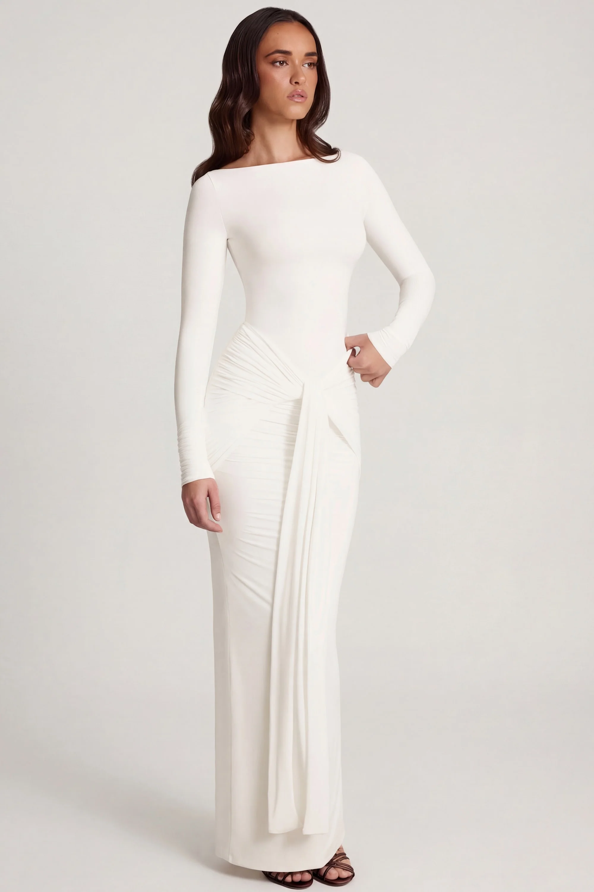 Soft Jersey Boat-Neck Tie-Gather Maxi Dress in White - Image 5