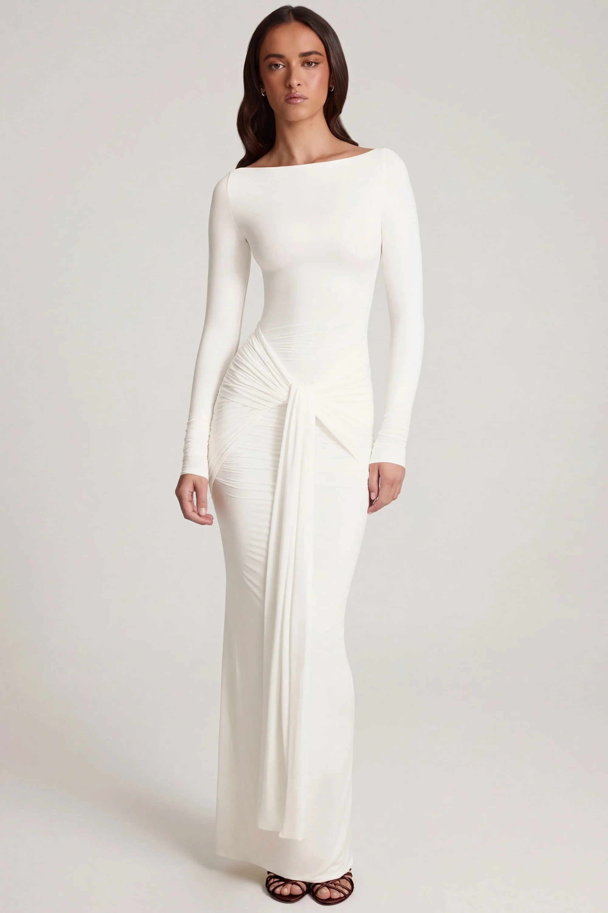 Soft Jersey Boat-Neck Tie-Gather Maxi Dress in White - Image 6