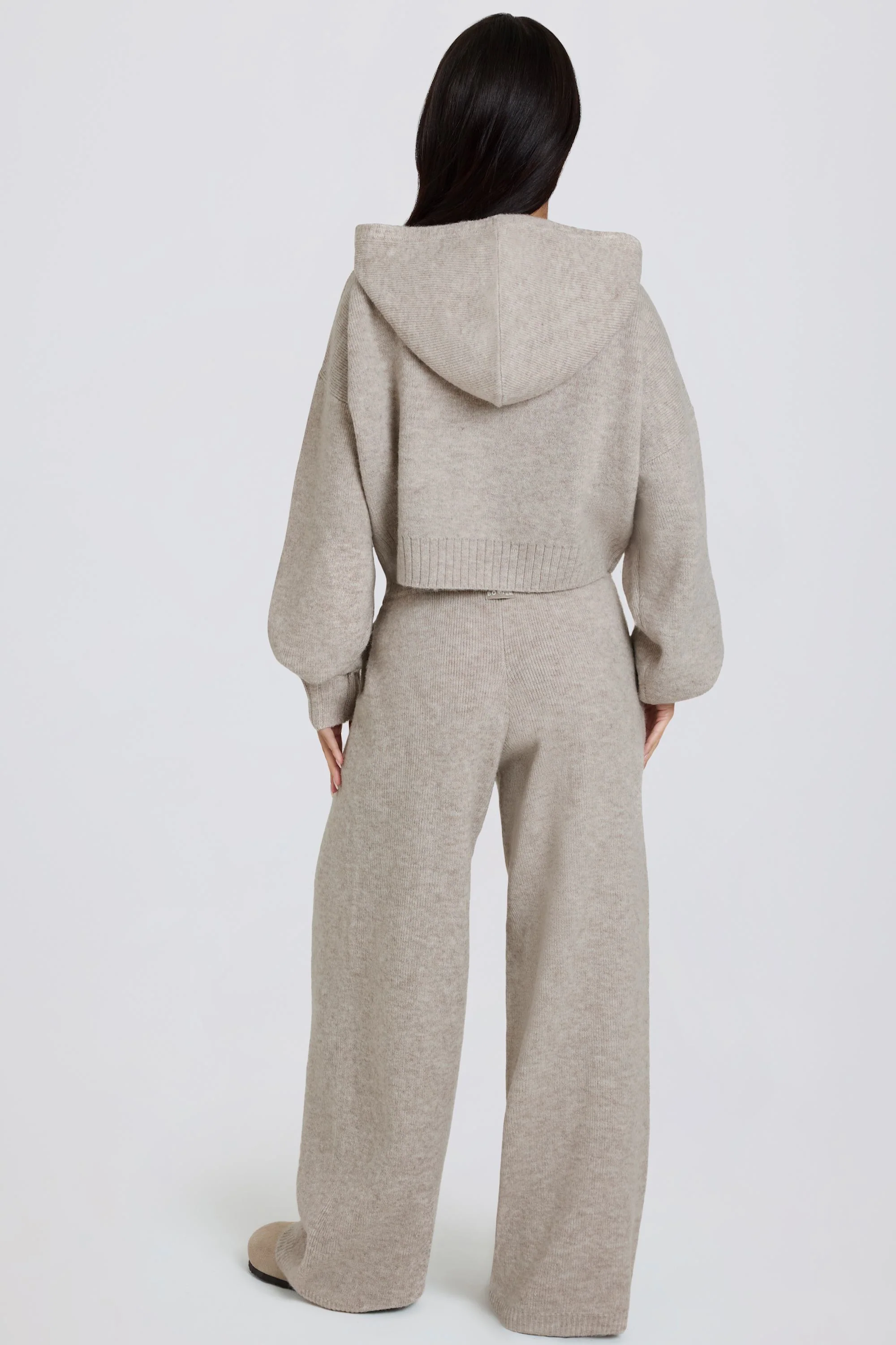 Knit Mid-Rise Wide-Leg Joggers in Beige - Image 2