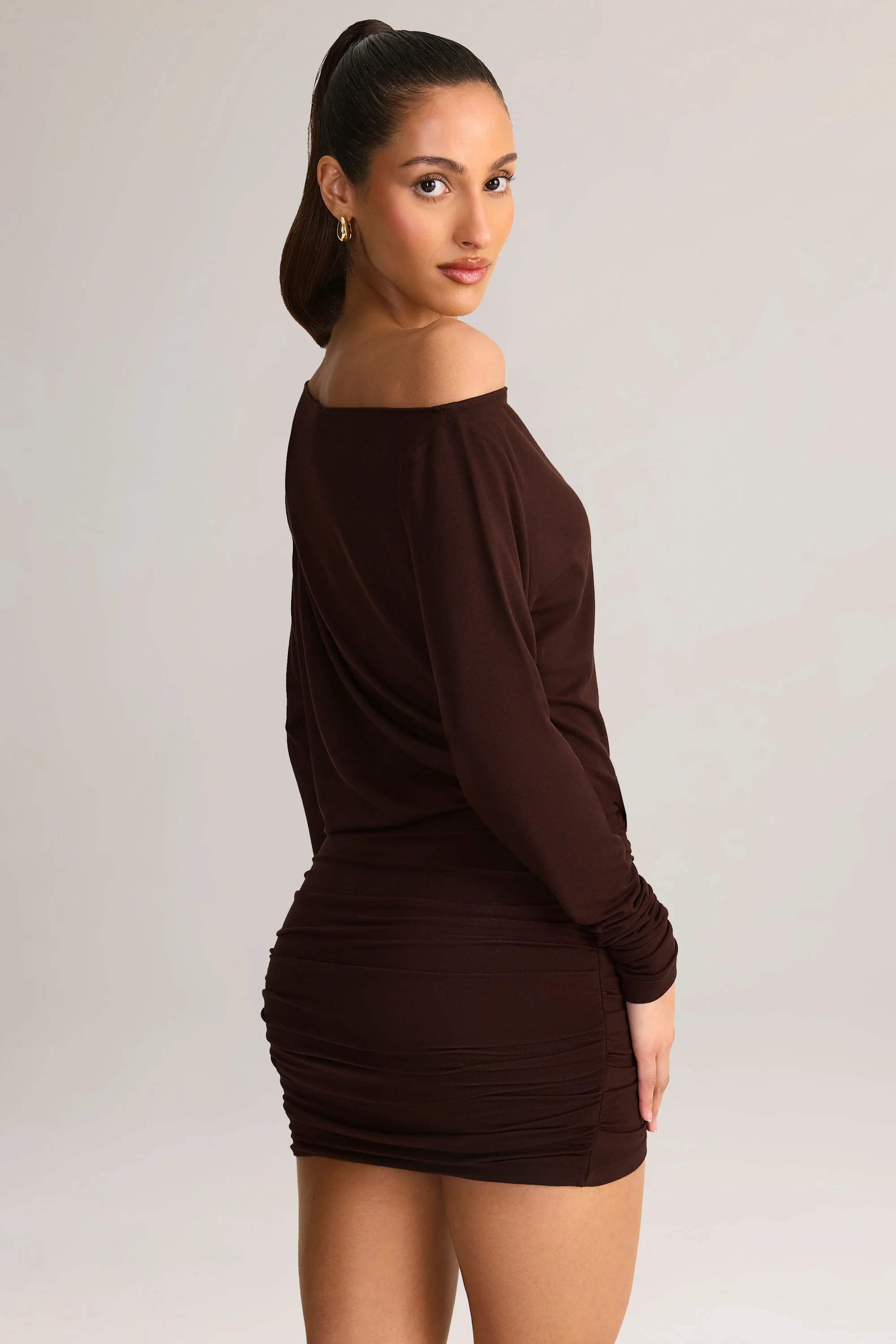 Modal Off-Shoulder Wrap Mini Dress in Chocolate Brown - Image 8