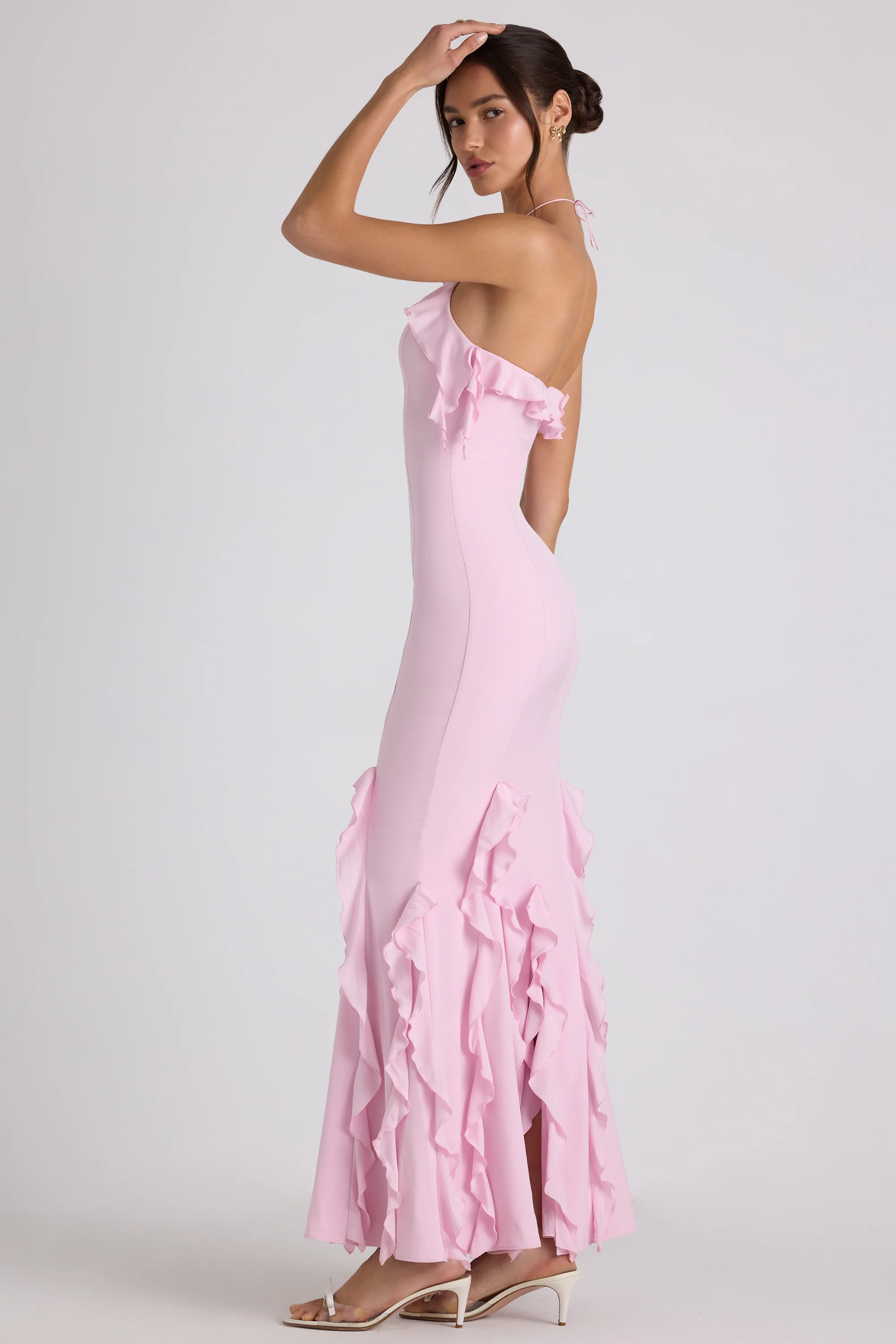 Ruffle-Trim Halterneck Gown in Soft Pink - Image 3