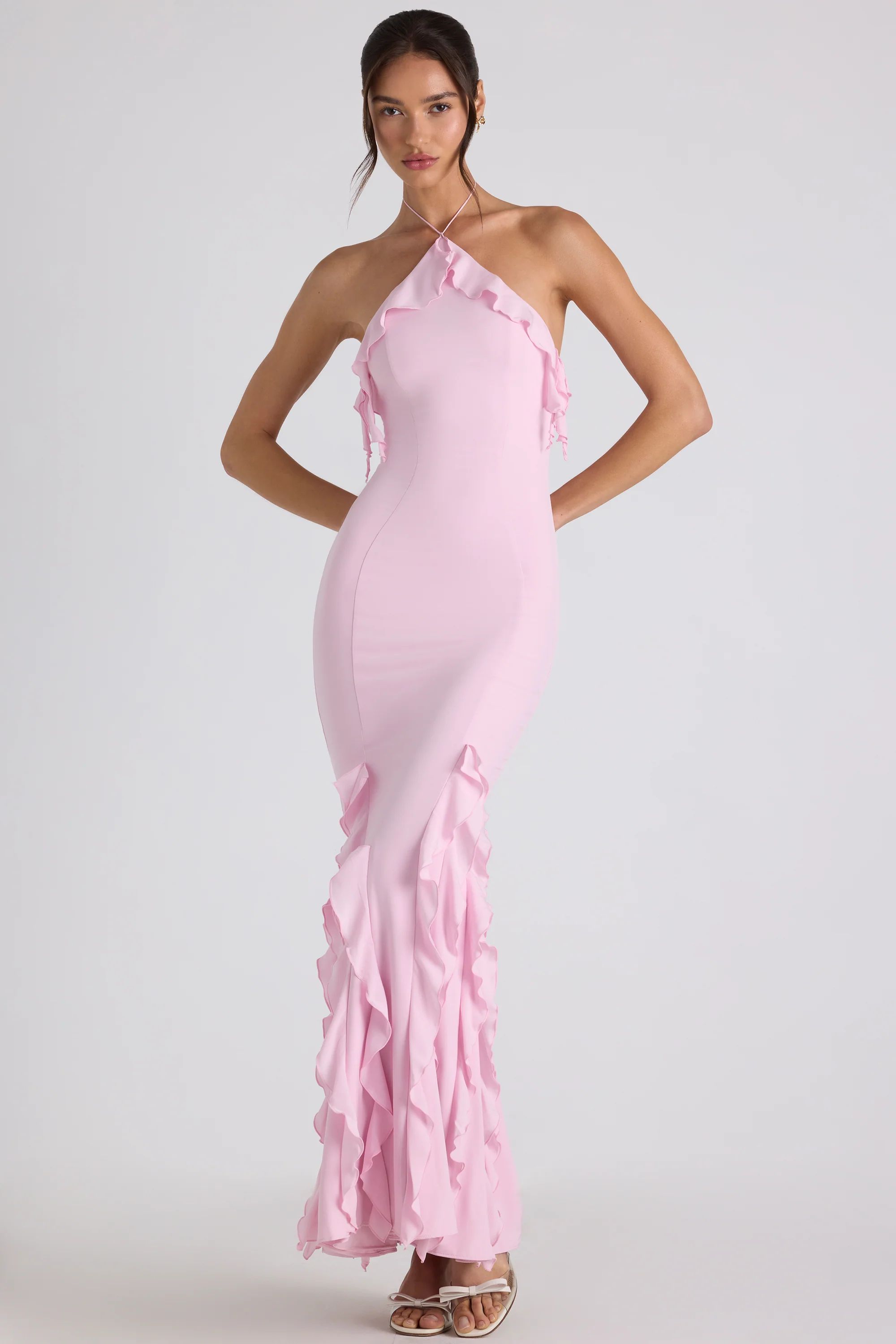Ruffle-Trim Halterneck Gown in Soft Pink - Image 6