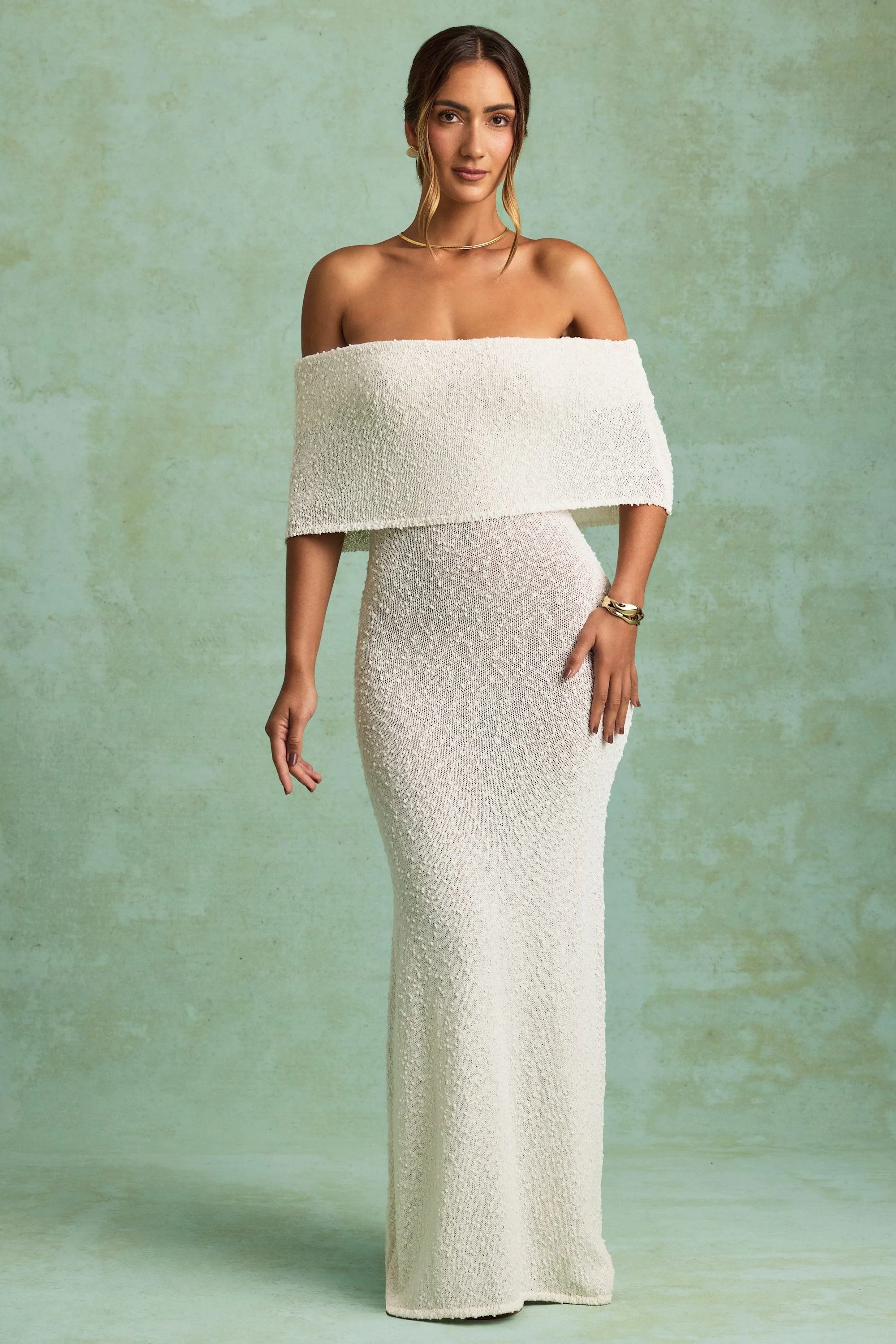 Bouclé Off-Shoulder Maxi Dress in White - Image 6