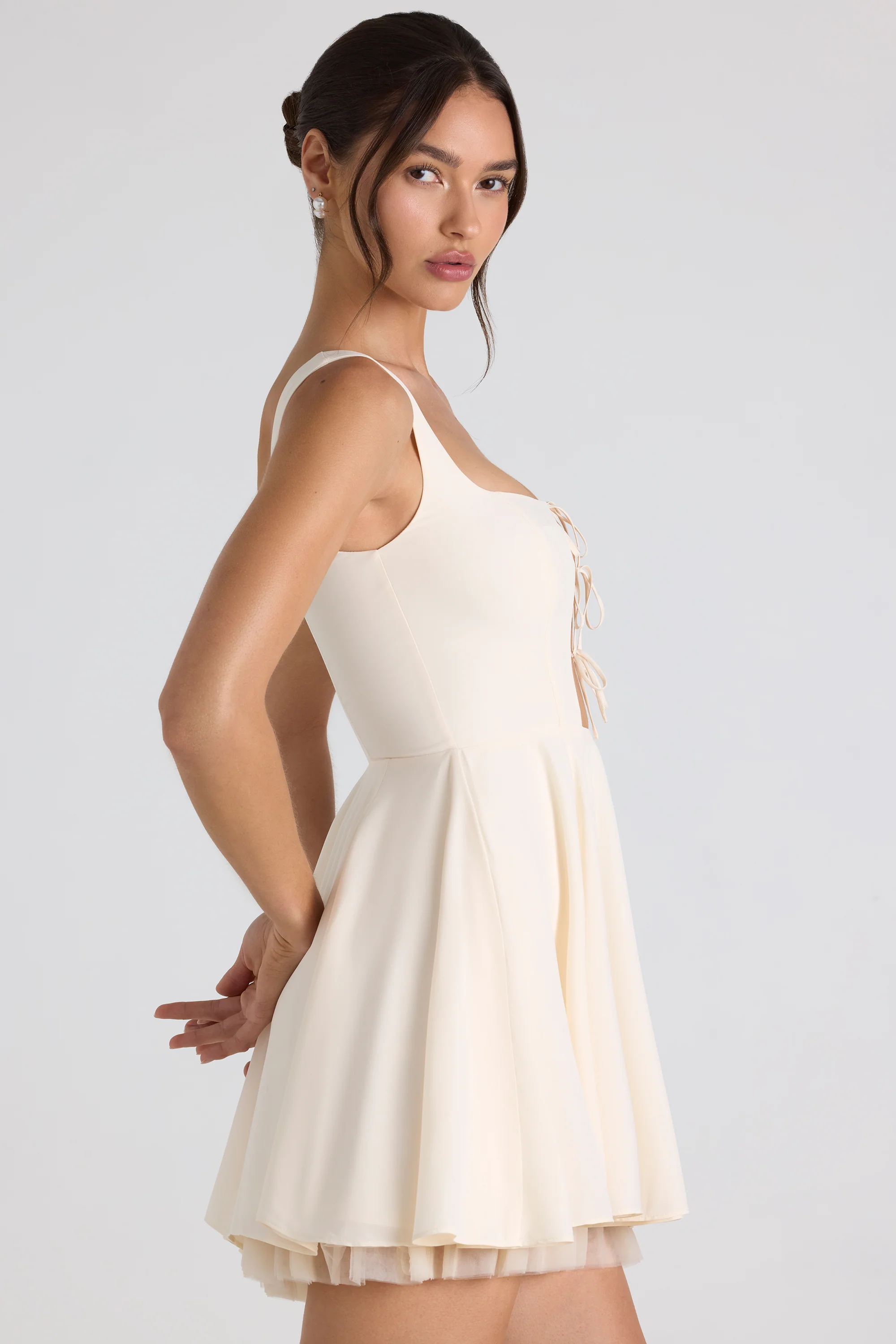 Tie-Detail A-Line Micro Mini Dress in Ivory - Image 3