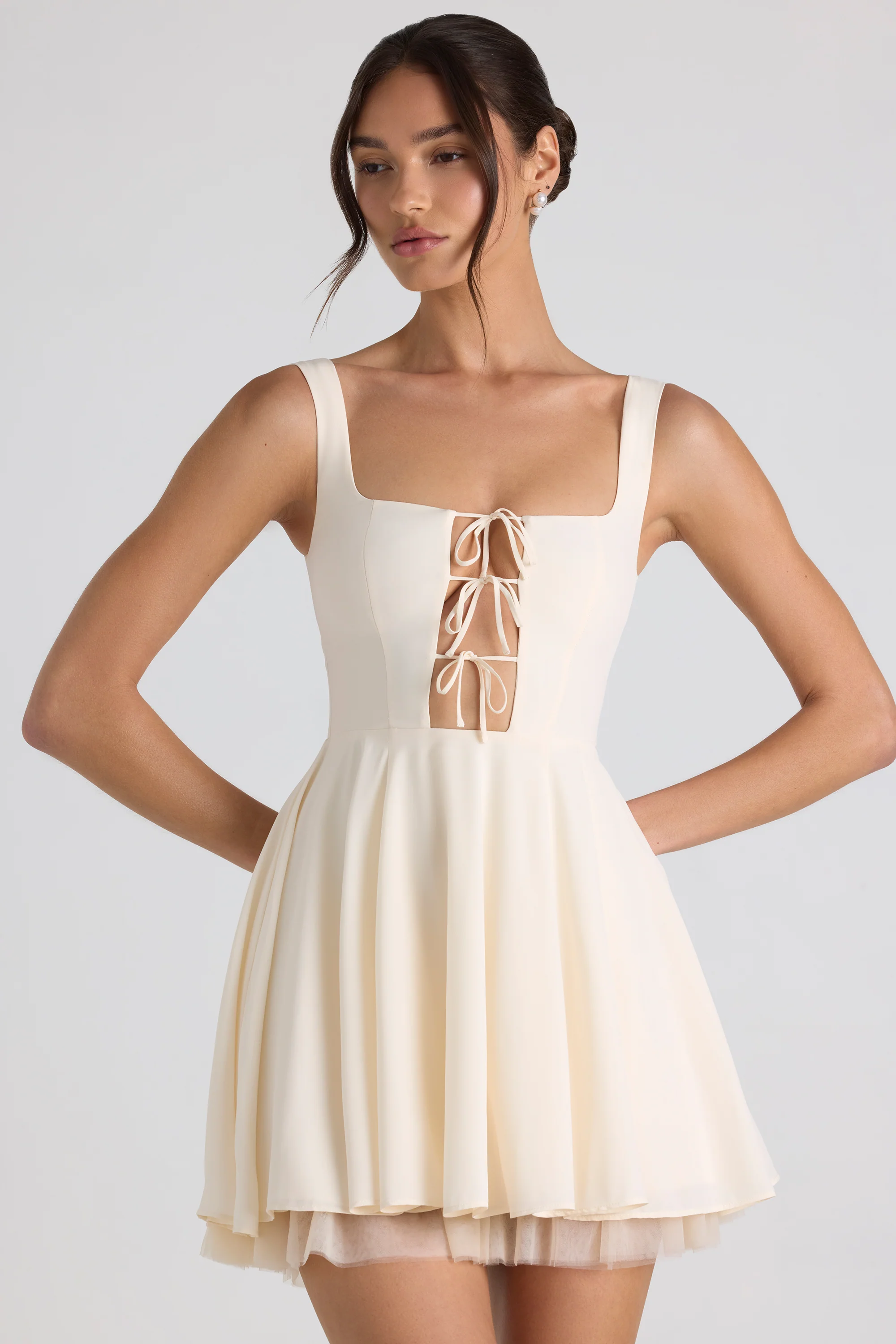 Tie-Detail A-Line Micro Mini Dress in Ivory - Image 5
