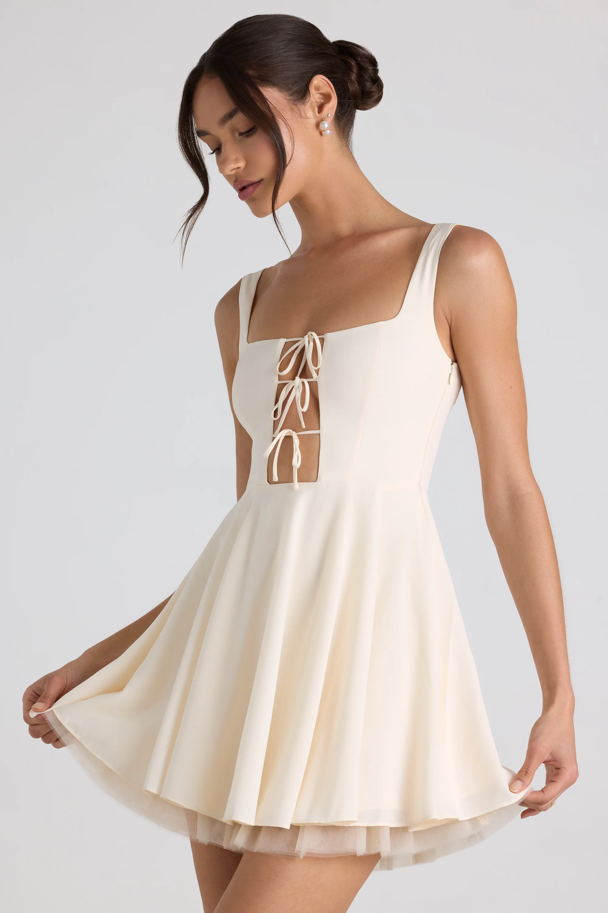 Tie-Detail A-Line Micro Mini Dress in Ivory - Image 6