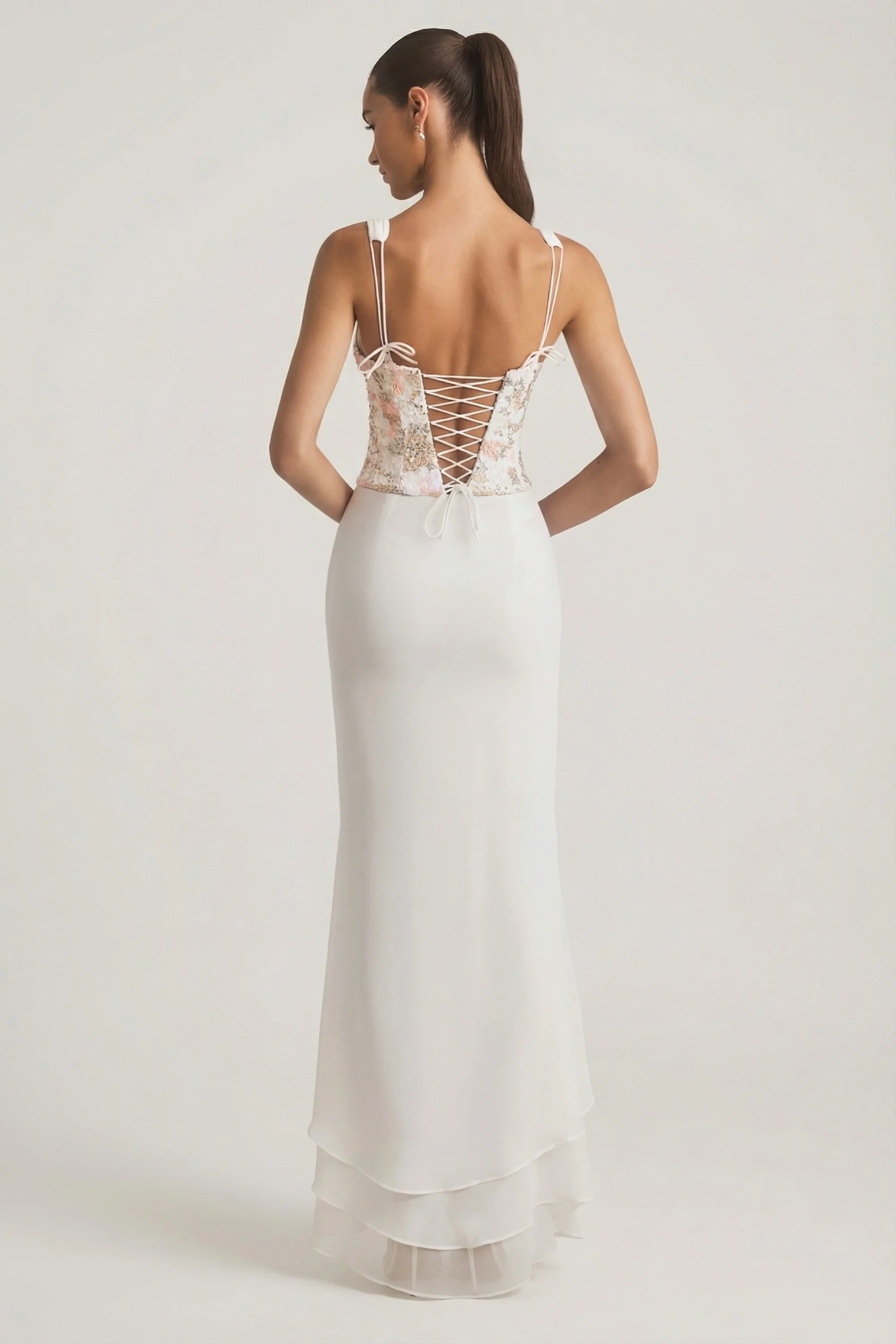 Embellished Plunge Ruffled Corset Maxi Dress in Ivory - Image 2