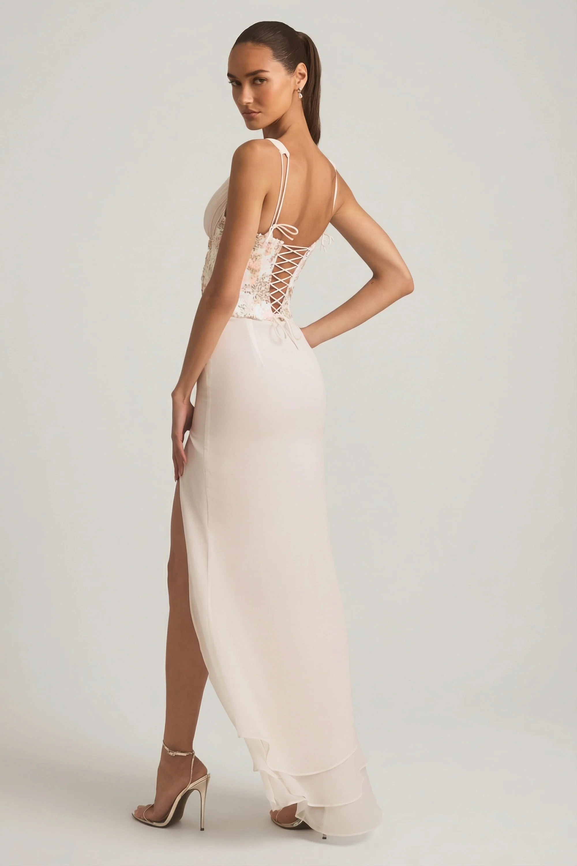 Embellished Plunge Ruffled Corset Maxi Dress in Ivory - Image 6