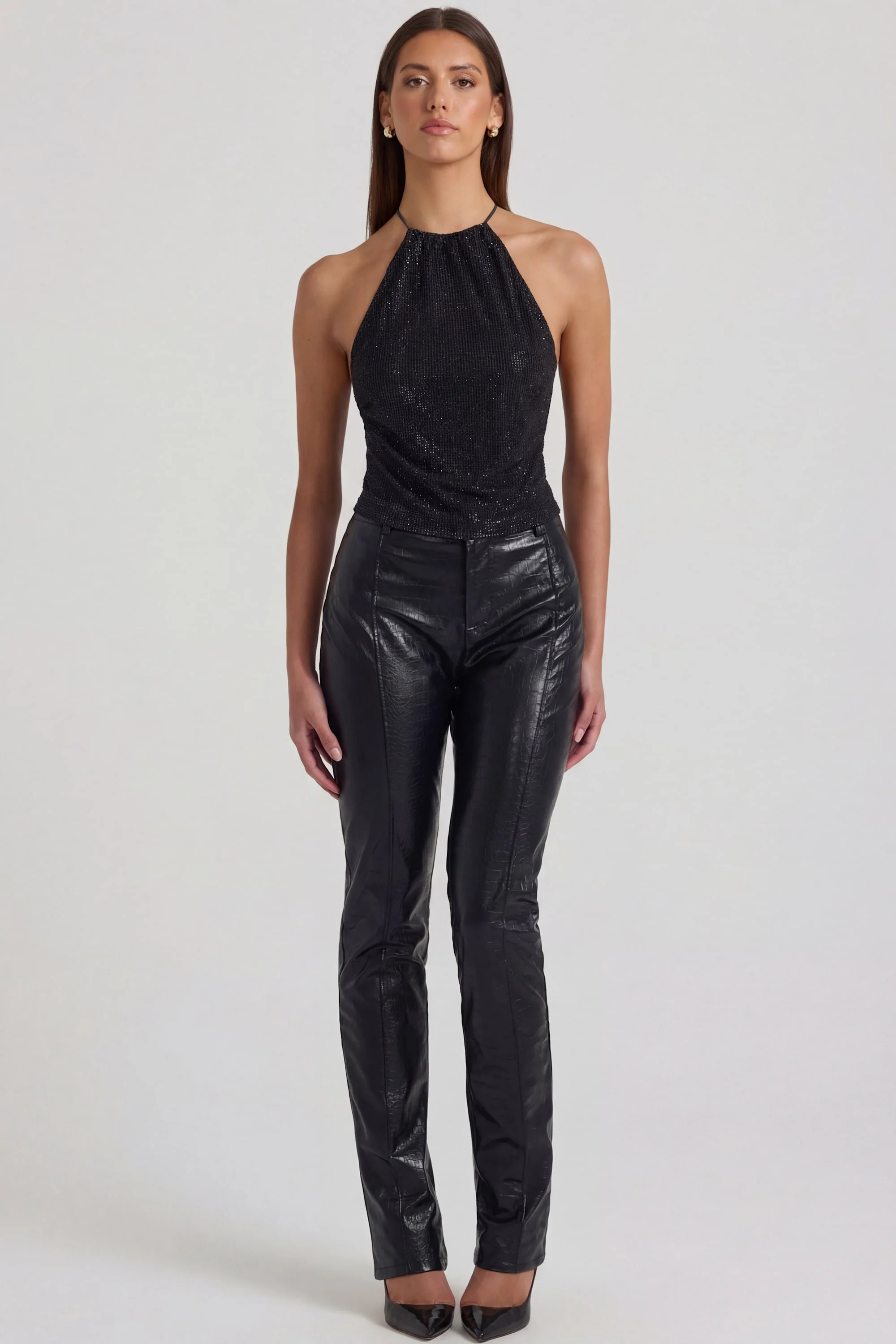 Faux Croc-Leather Straight-Leg Trousers in Black - Image 4