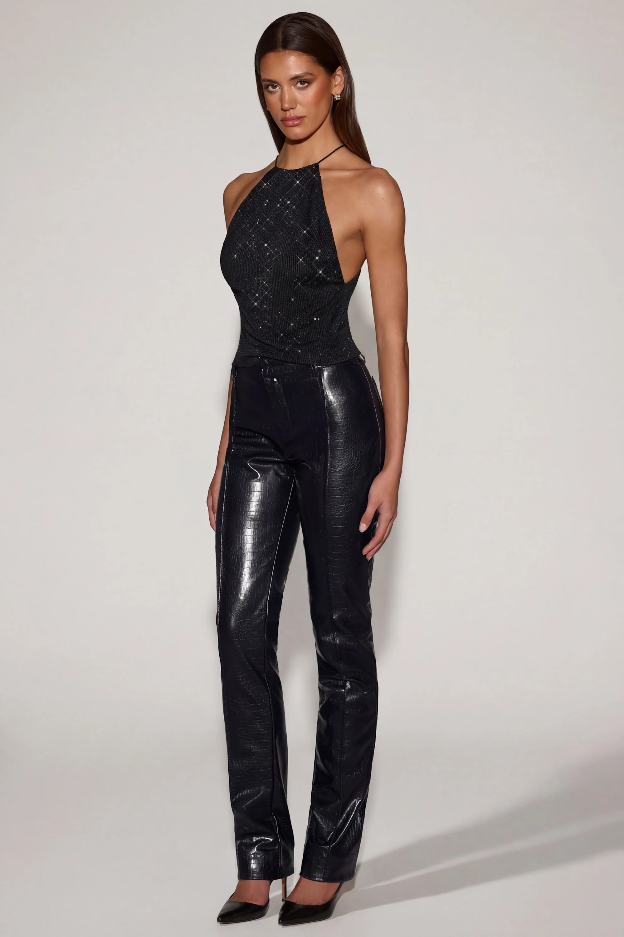 Faux Croc-Leather Straight-Leg Trousers in Black - Image 5