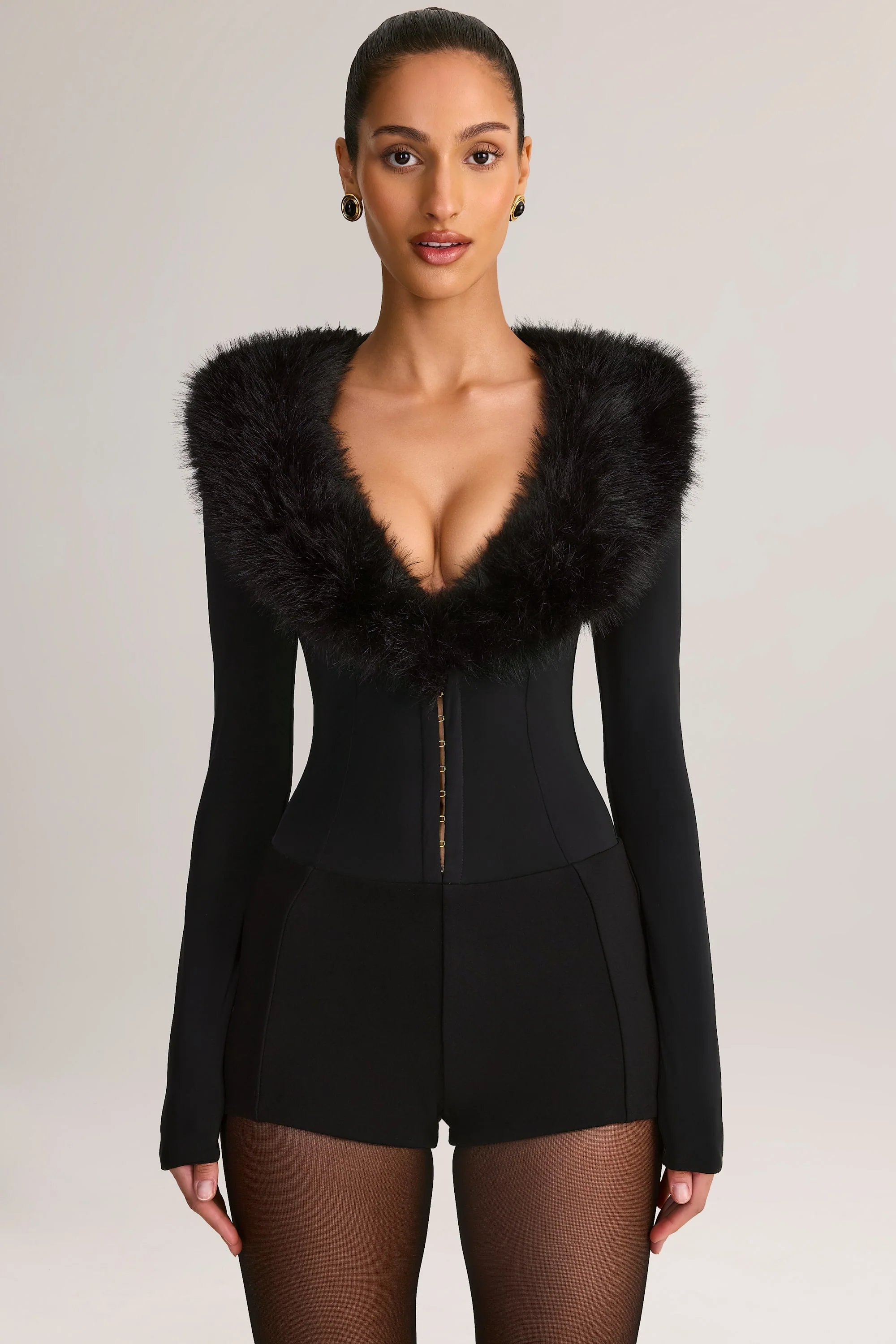Faux Fur-Trim Corset Playsuit in Black