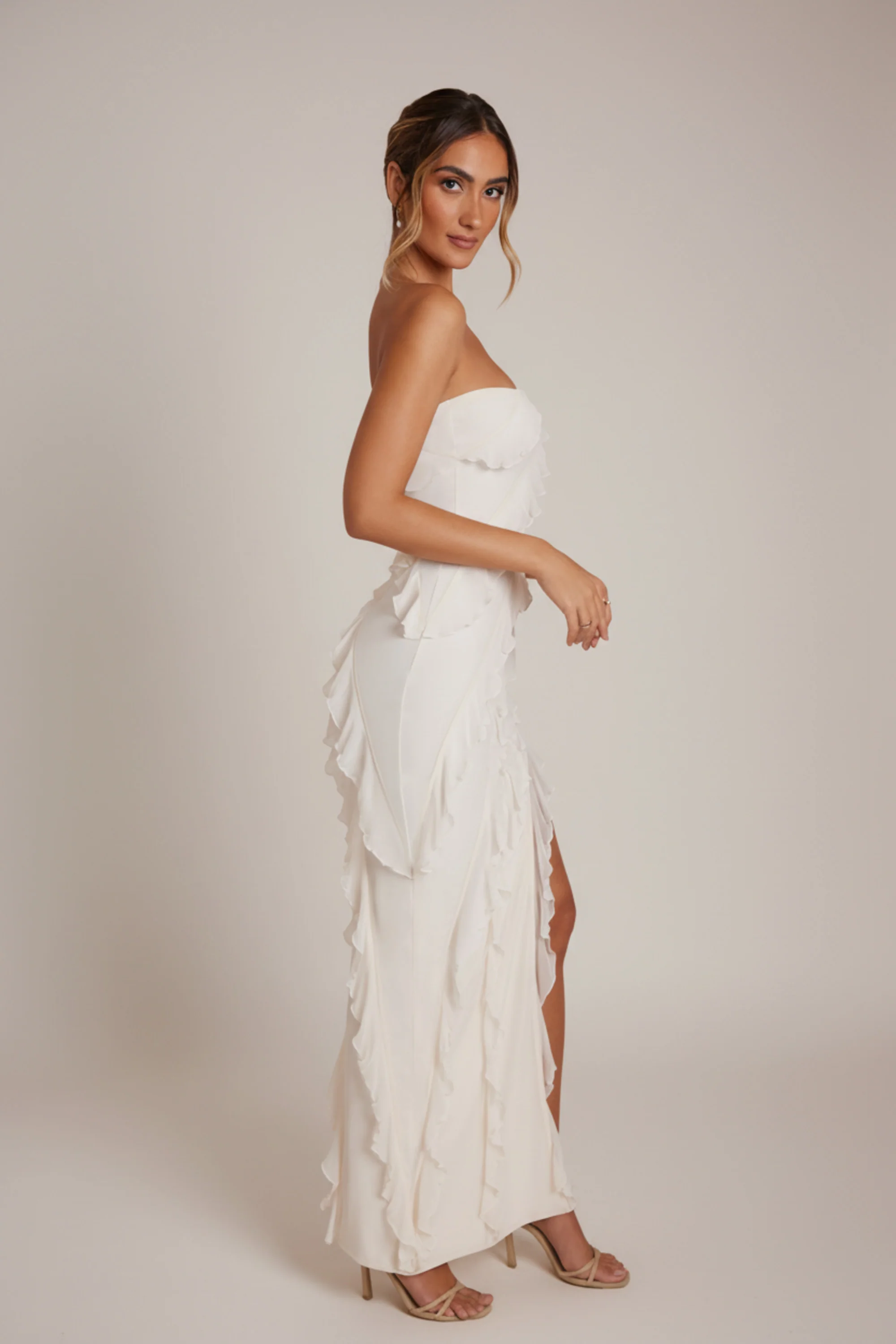 Bandeau Ruffle Detail Maxi Dress in Ivory - Image 8