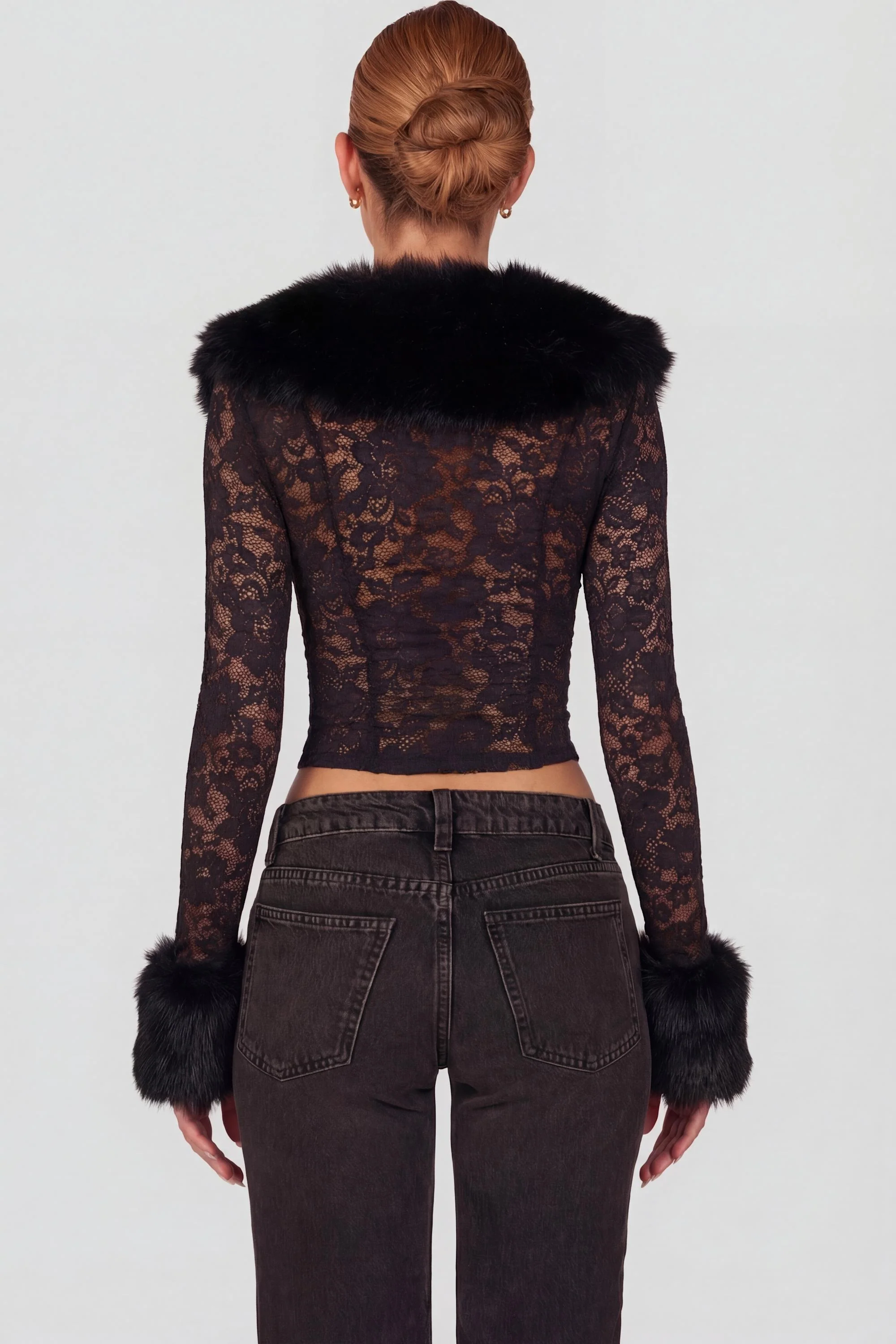 Sheer Lace Faux-Fur-Trim Cardigan in Black - Image 2