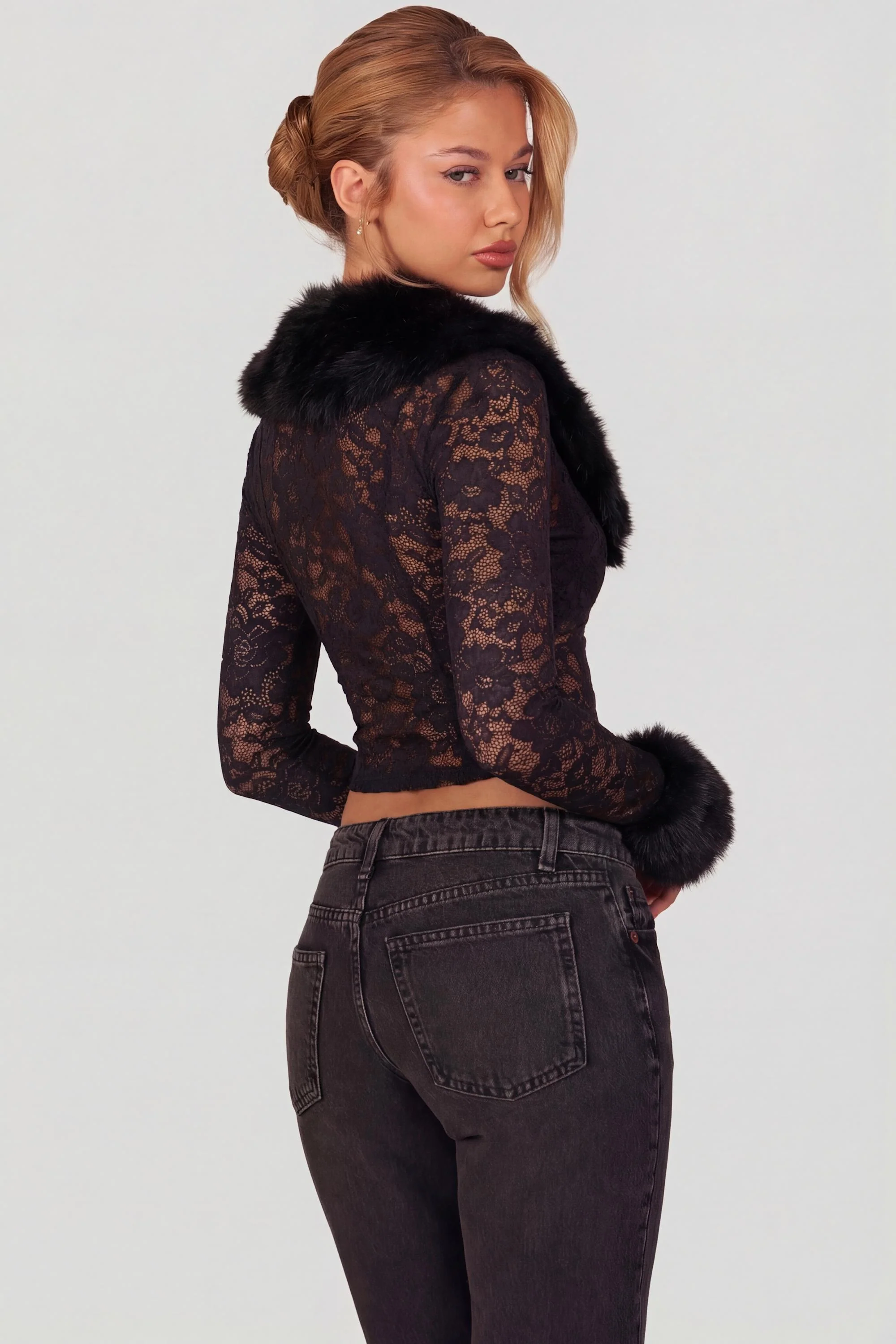 Sheer Lace Faux-Fur-Trim Cardigan in Black - Image 3