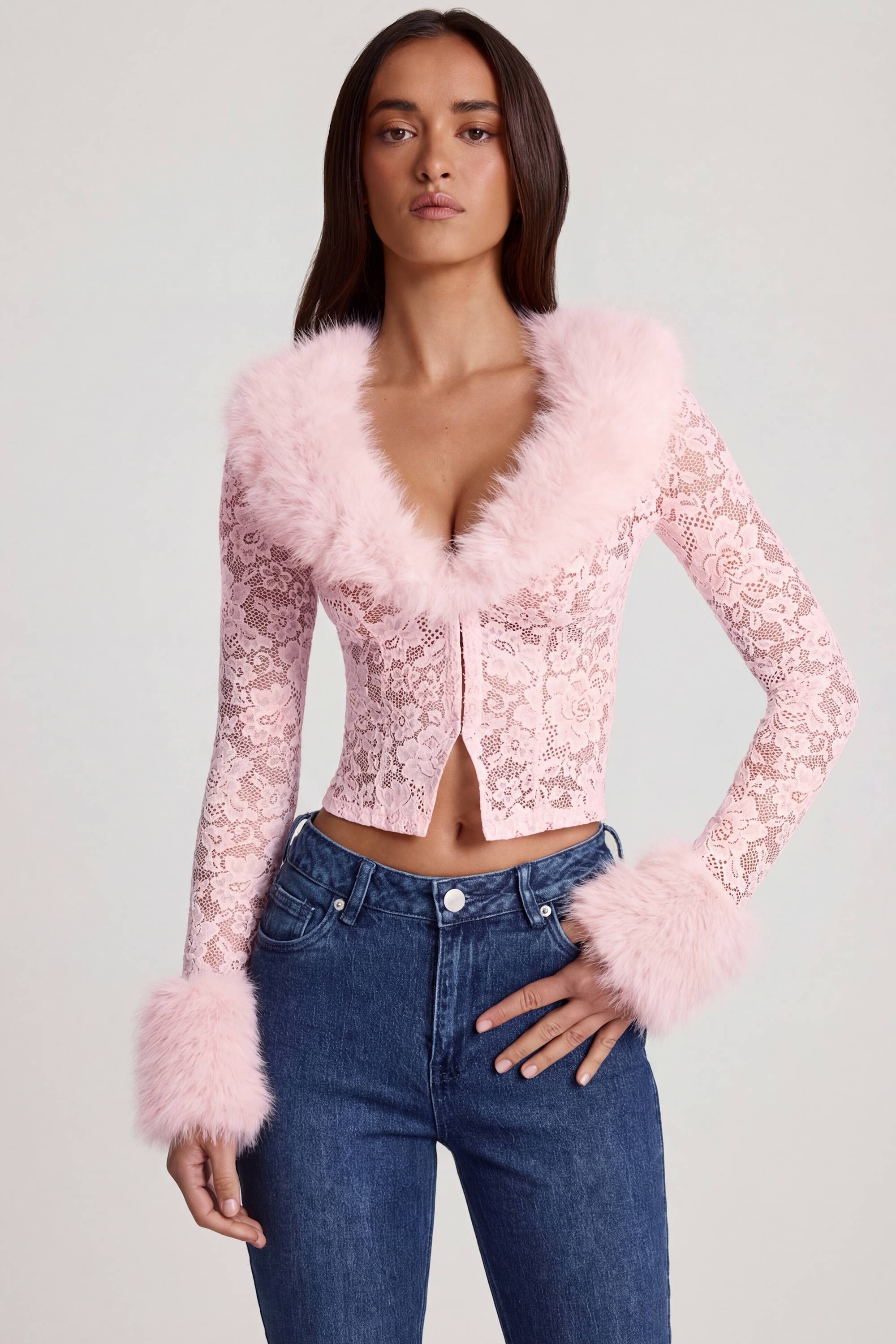 Sheer Lace Faux-Fur-Trim Cardigan in Pink - Image 6