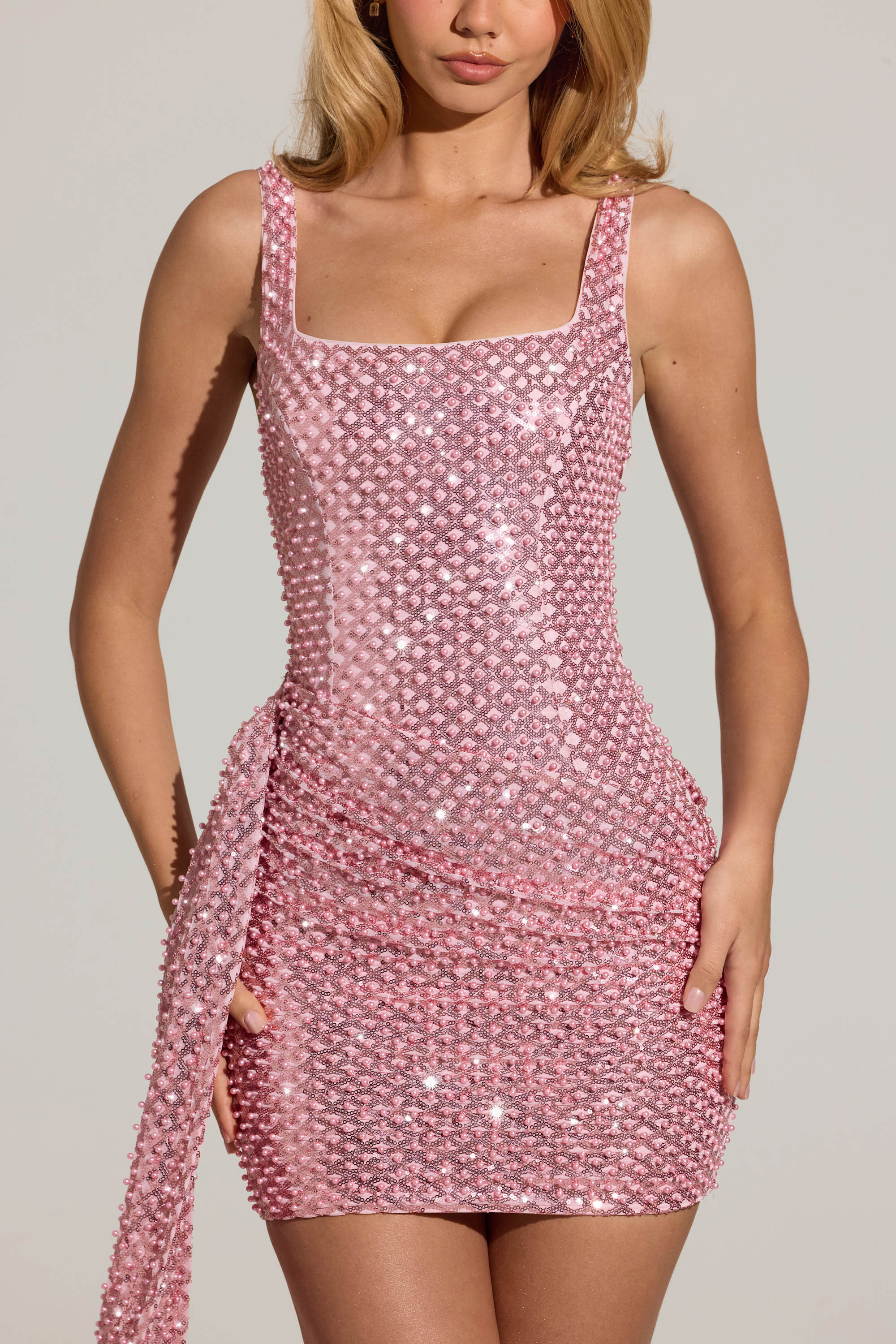 Embellished Draped Mini Dress in Blush Pink - Image 4