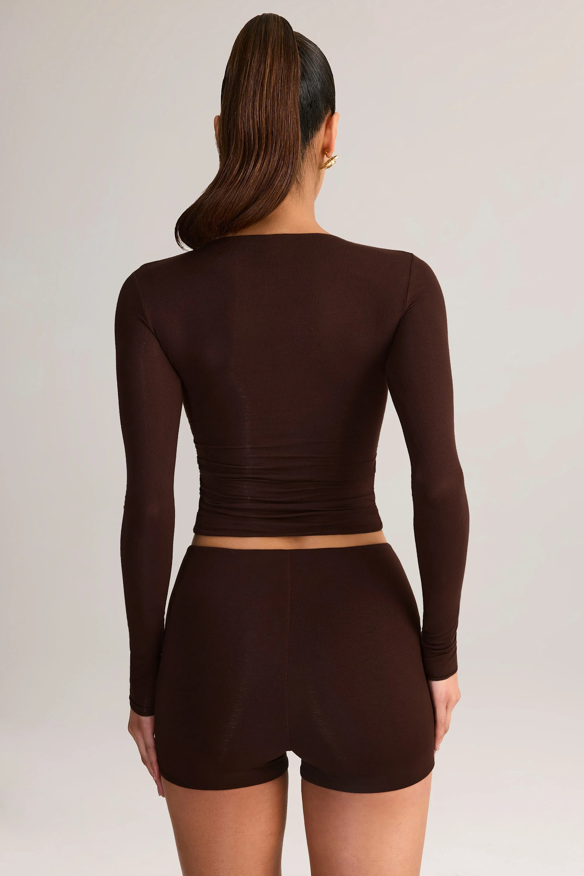 Modal High-Rise Bodycon Mini Shorts in Chocolate Brown - Image 2
