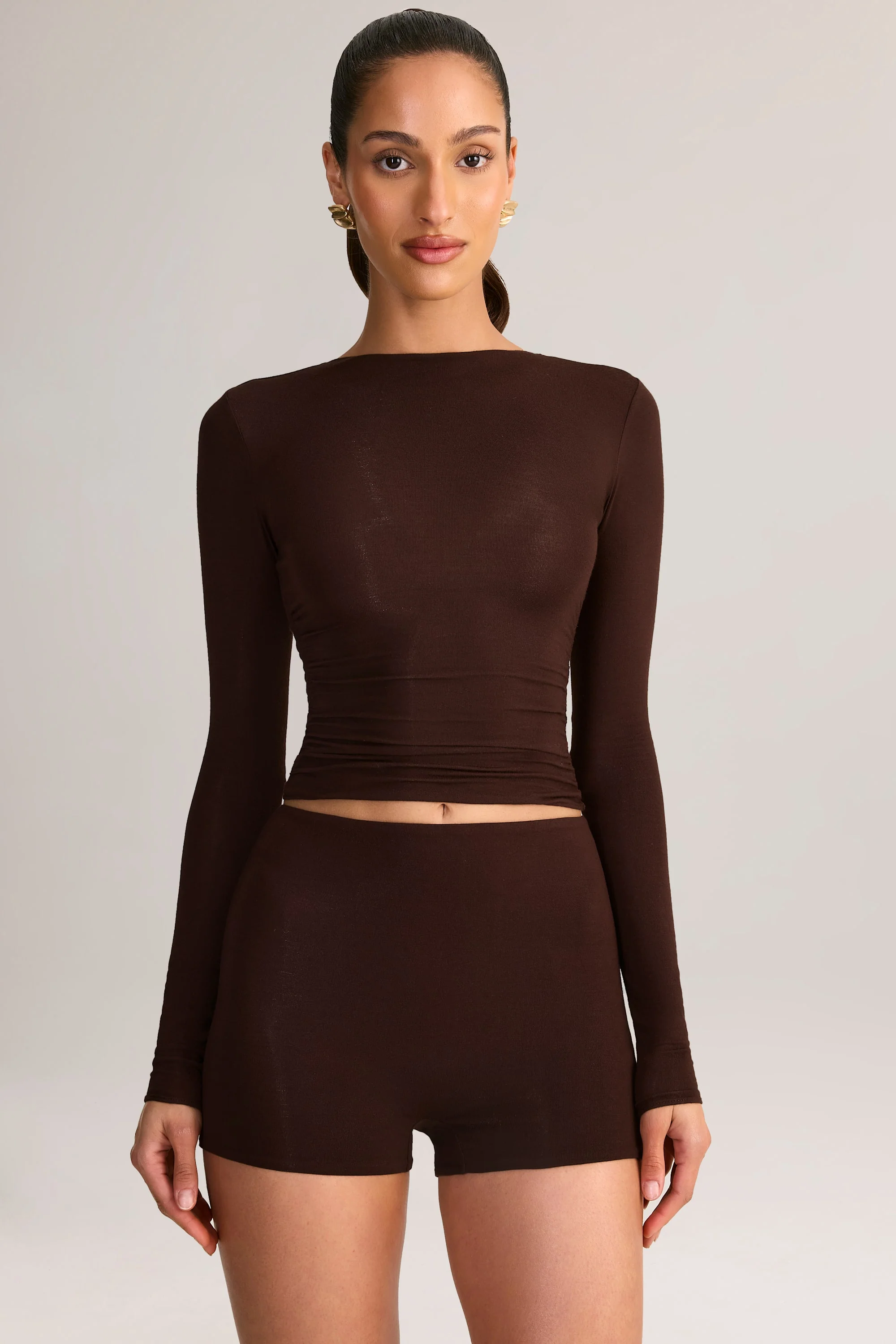 Modal High-Rise Bodycon Mini Shorts in Chocolate Brown - Image 4