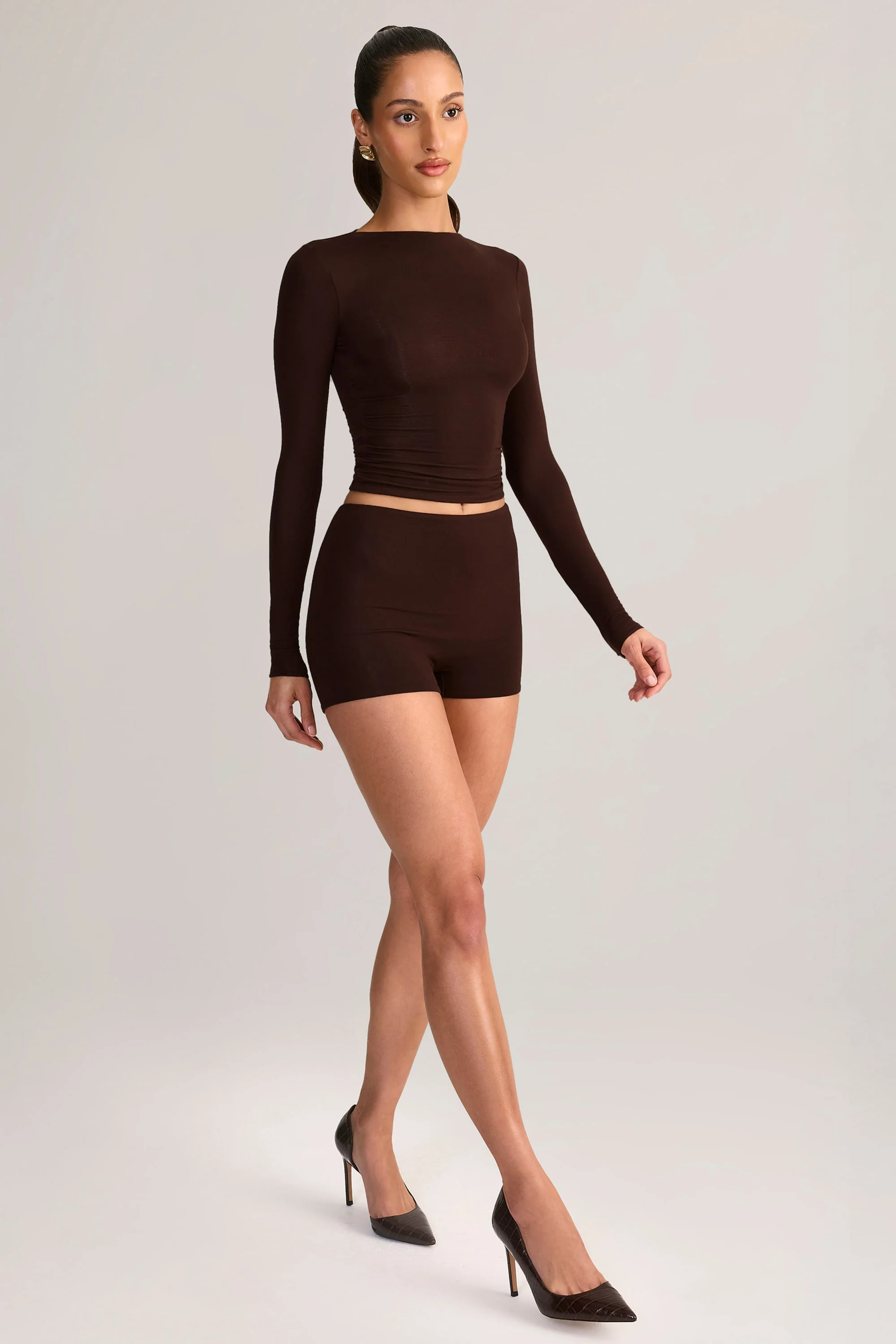 Modal High-Rise Bodycon Mini Shorts in Chocolate Brown - Image 5