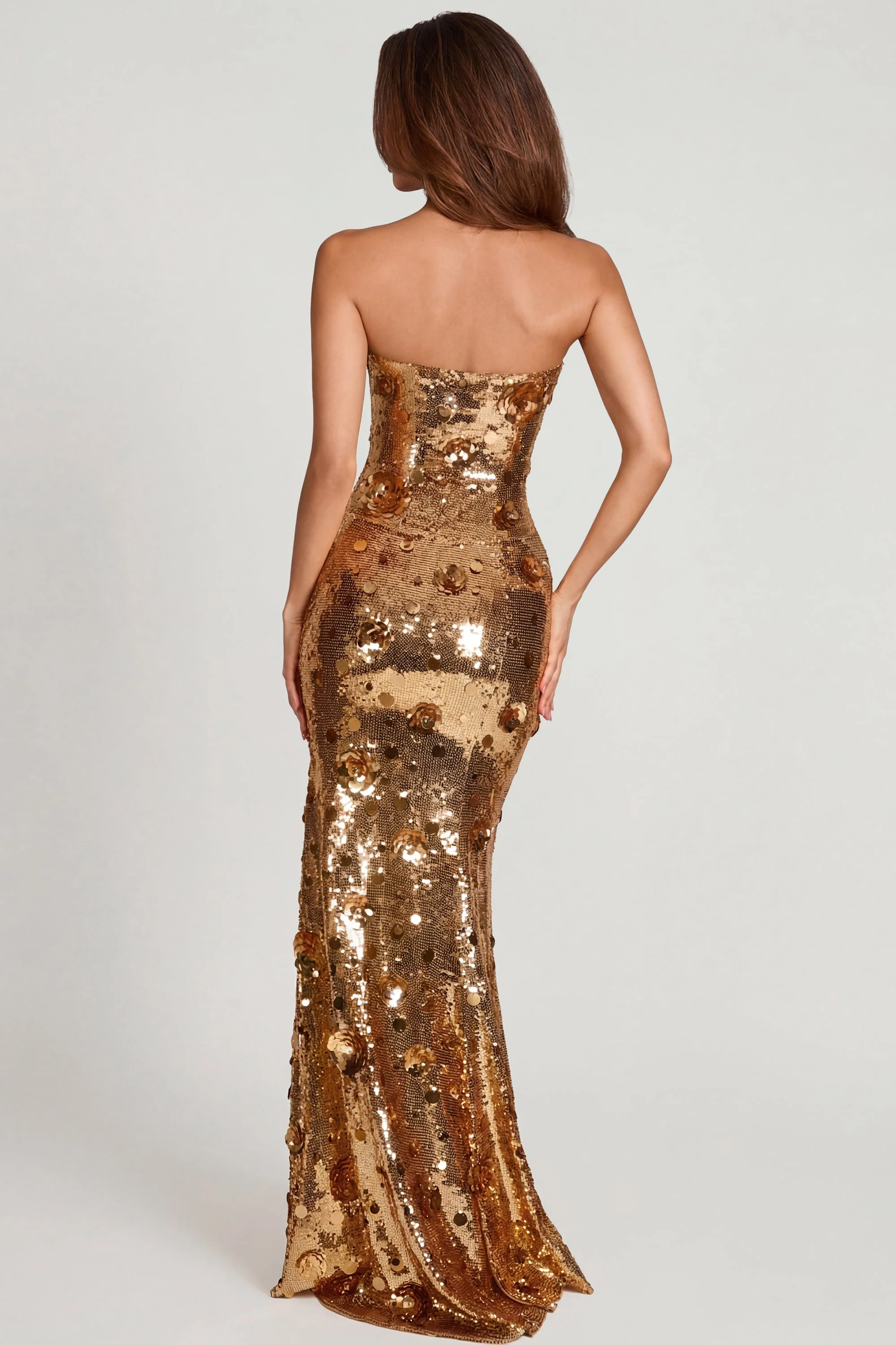 3D Embellished Bandeau Maxi Dress in Gold - Image 2