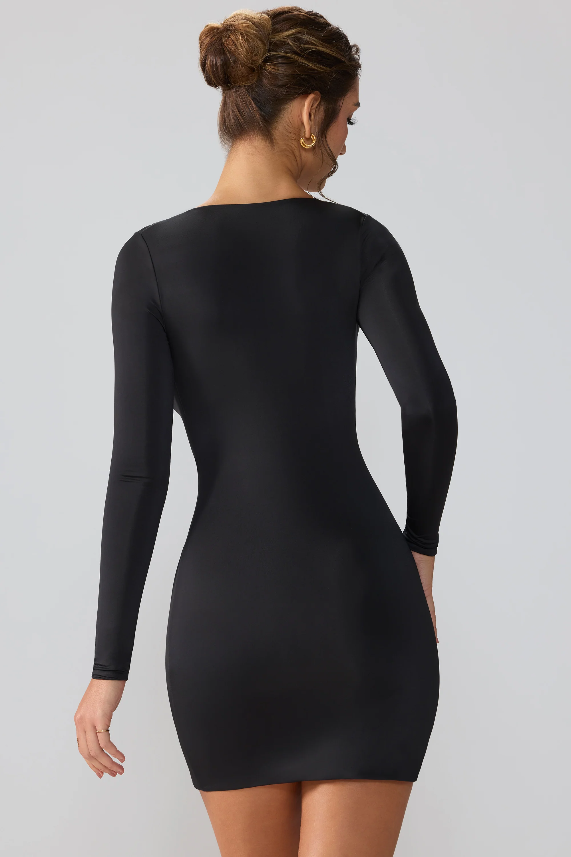 Slinky Jersey Long Sleeve Plunge Neck Mini Dress in Black - Image 2