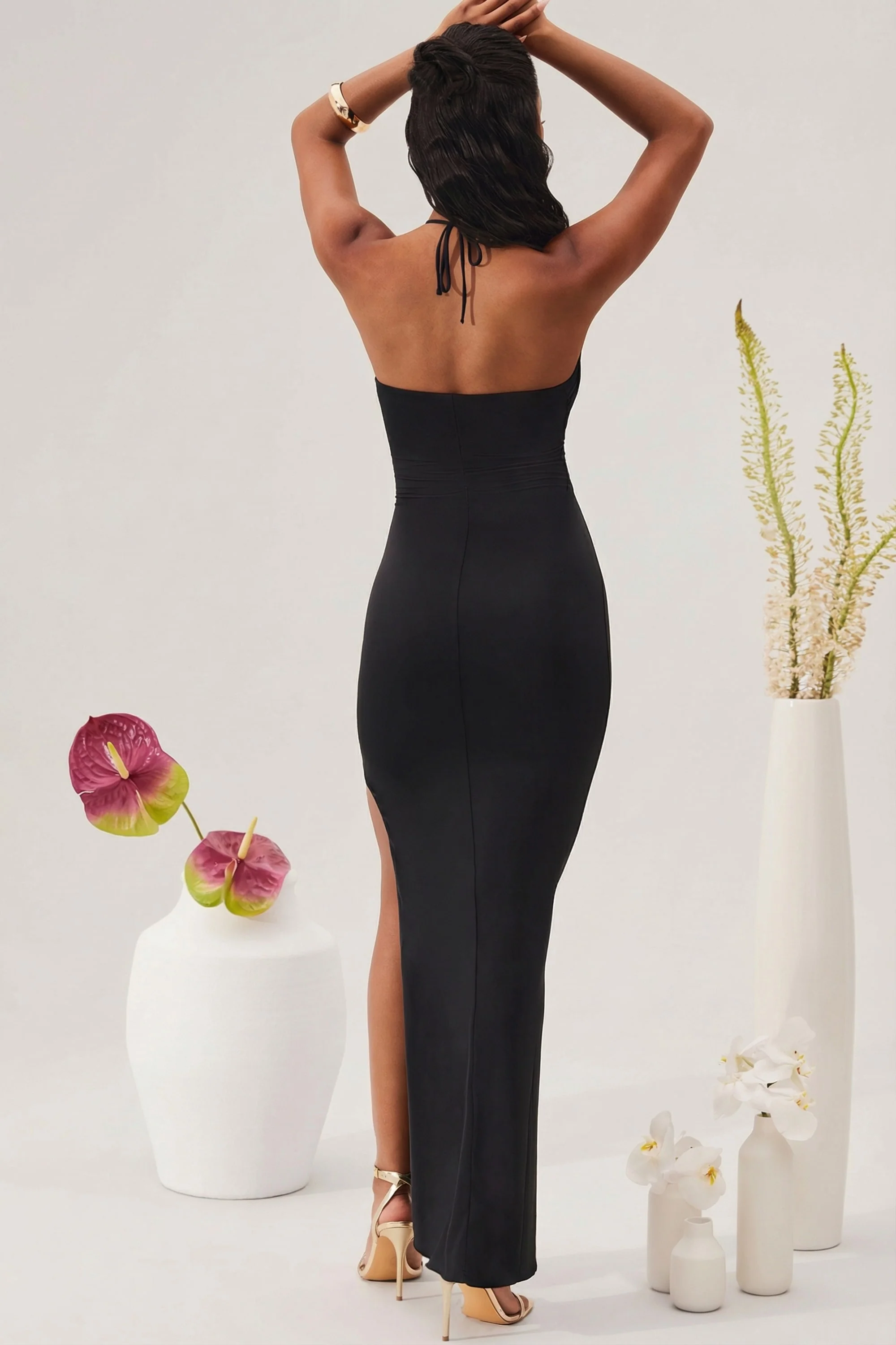 Cut Out Halter Neck Floor Length Maxi Dress in Black - Image 2