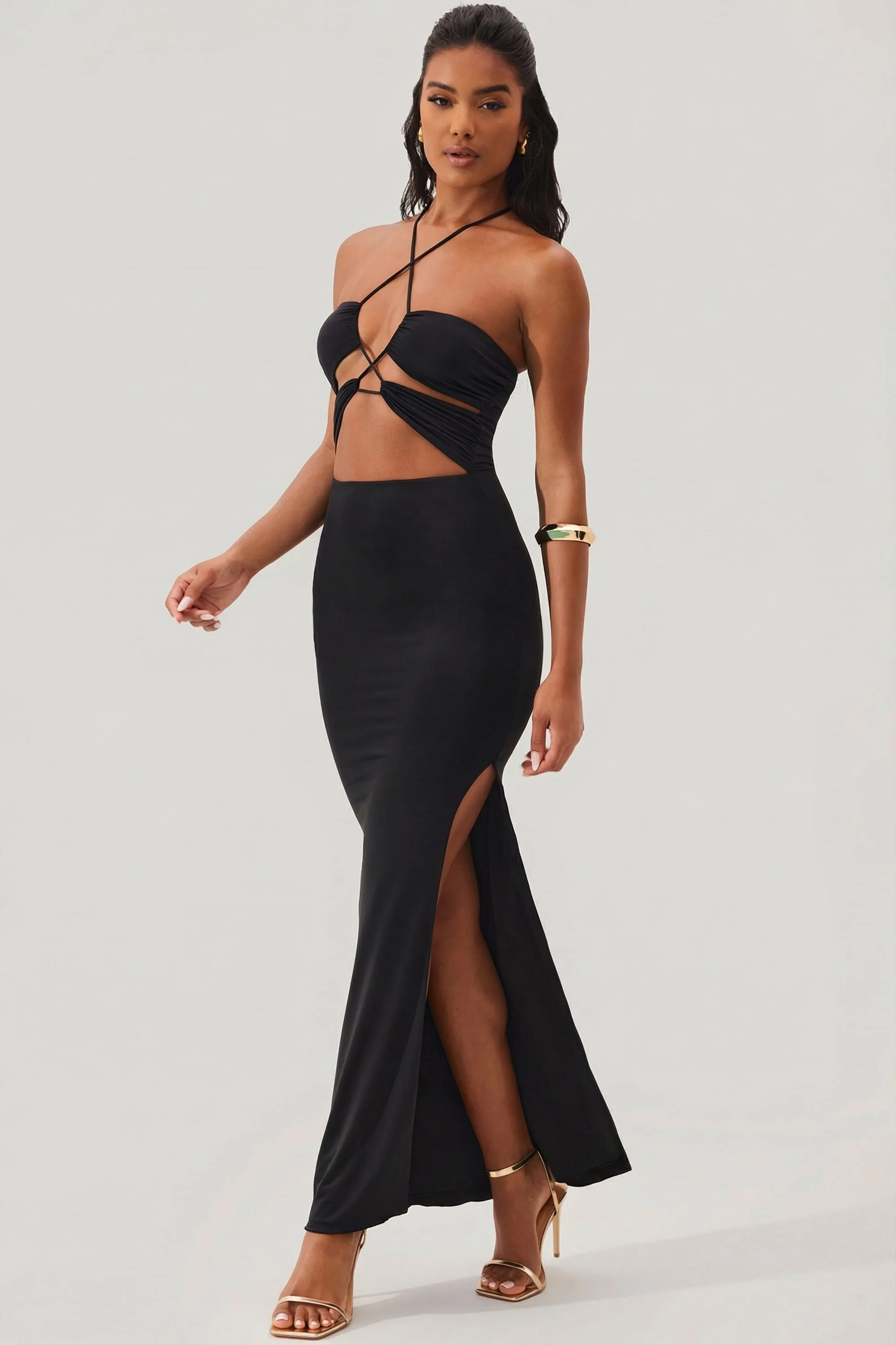 Cut Out Halter Neck Floor Length Maxi Dress in Black - Image 7