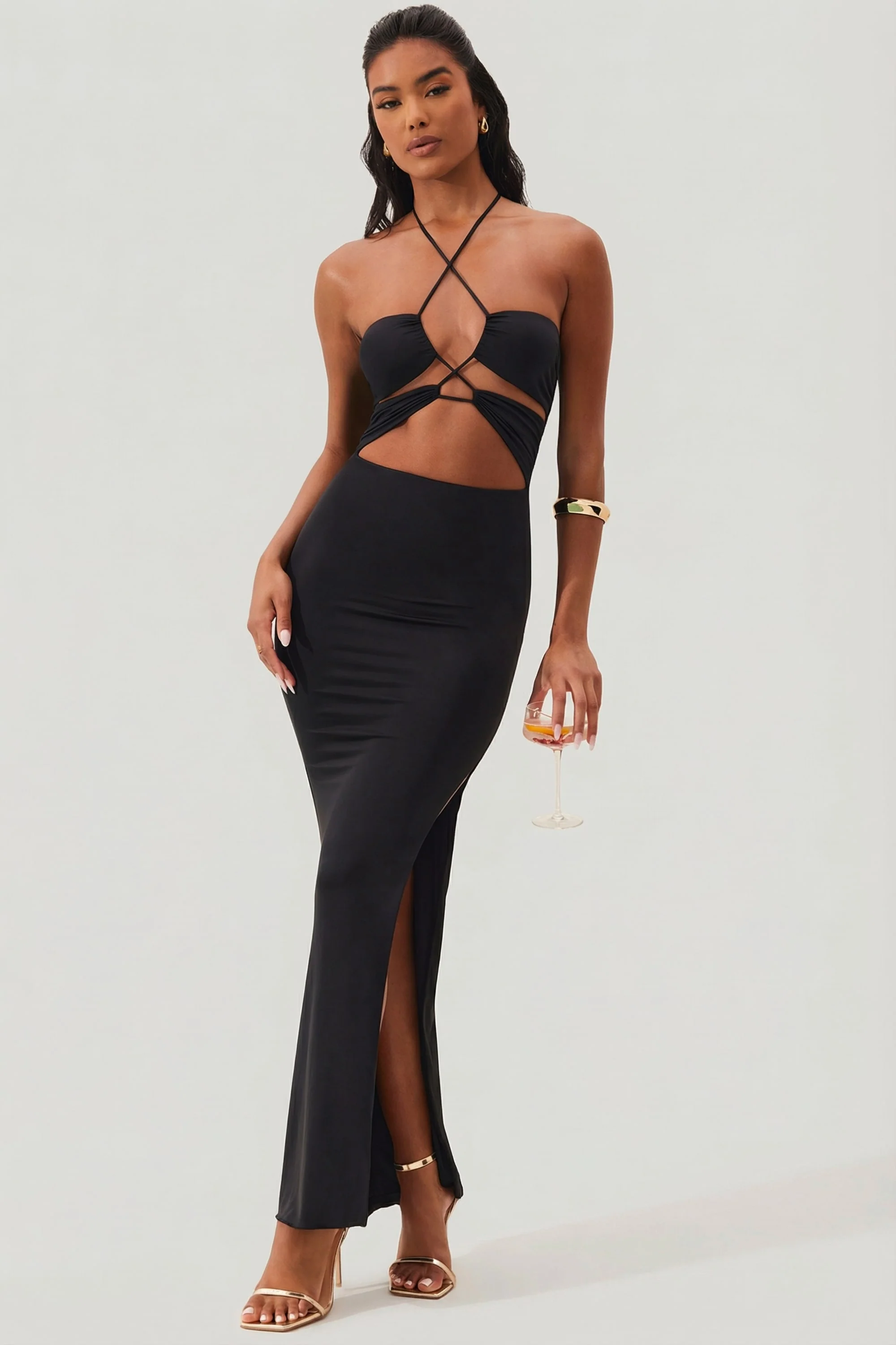 Cut Out Halter Neck Floor Length Maxi Dress in Black - Image 9