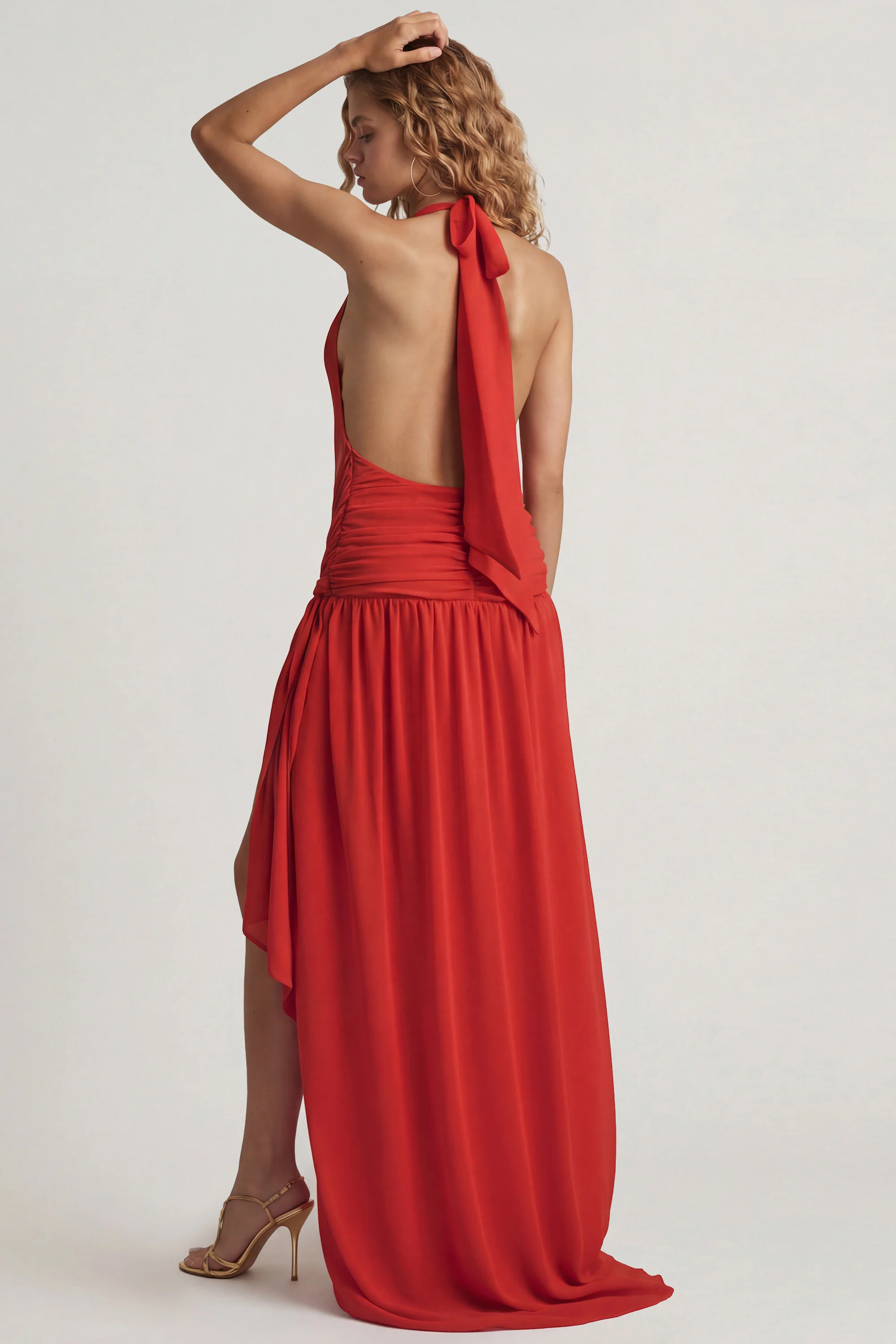 Asymmetric Halterneck Maxi Dress in Chilli Red - Image 2