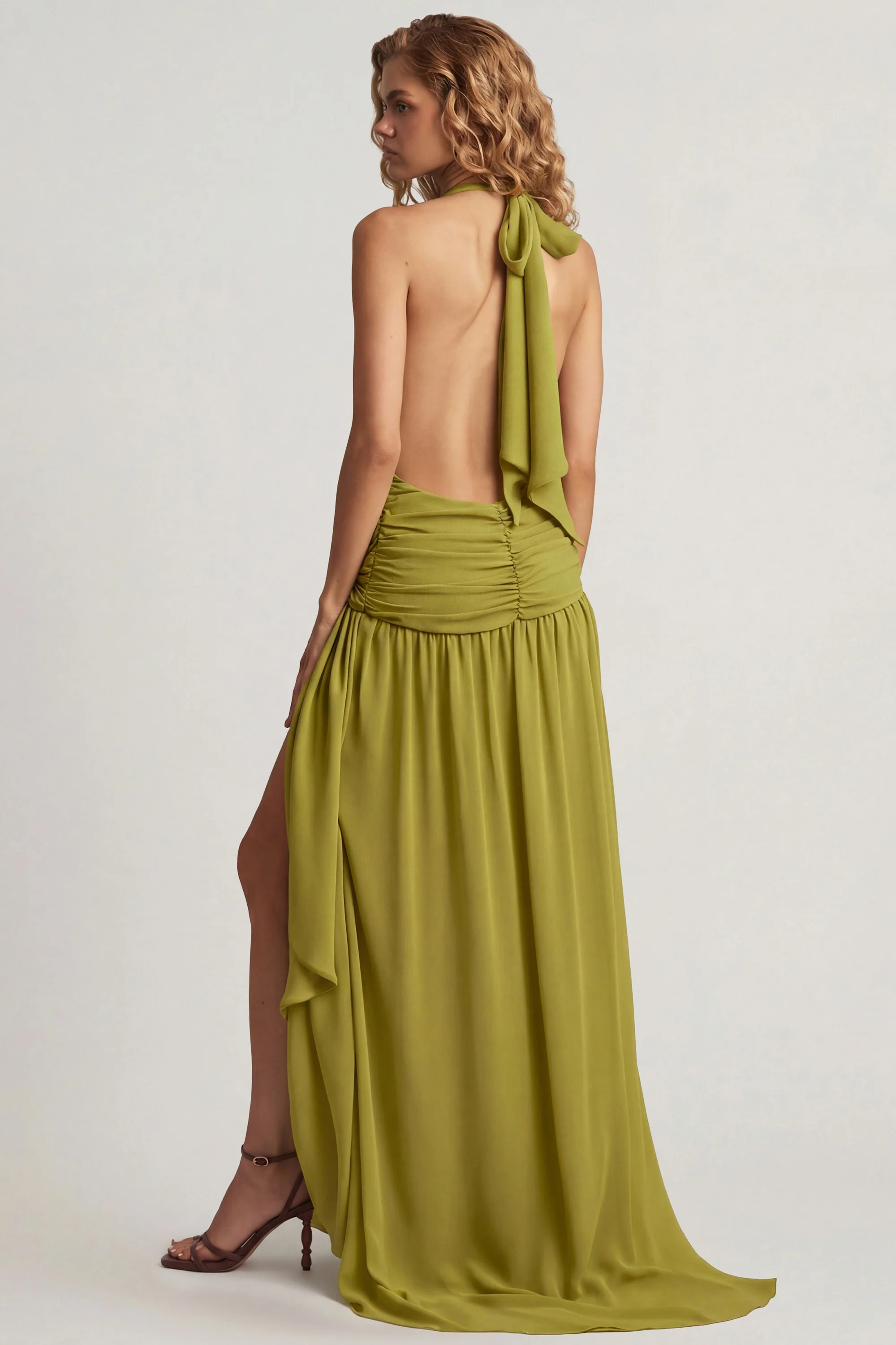 Asymmetric Halterneck Maxi Dress in Olive Green - Image 2