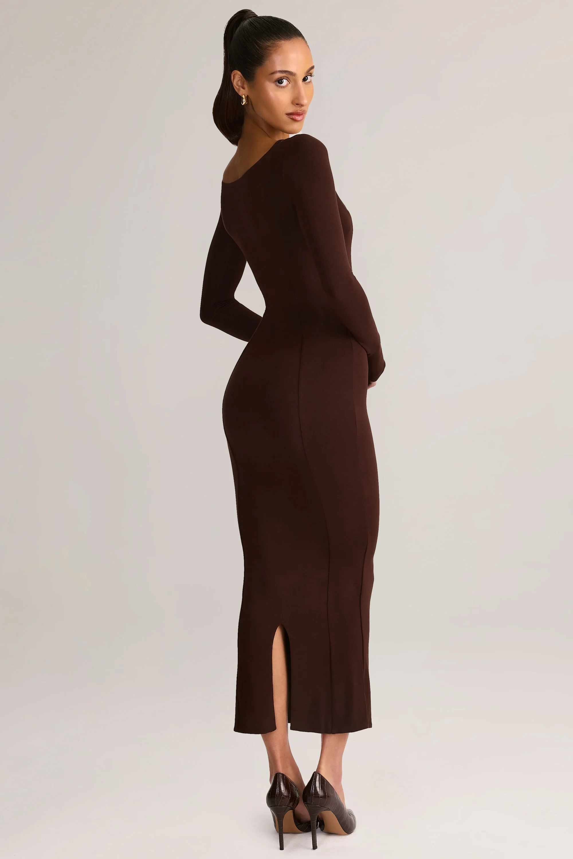Modal Peekaboo Long-Sleeve Midi Dress in Chocolate Brown - Image 5