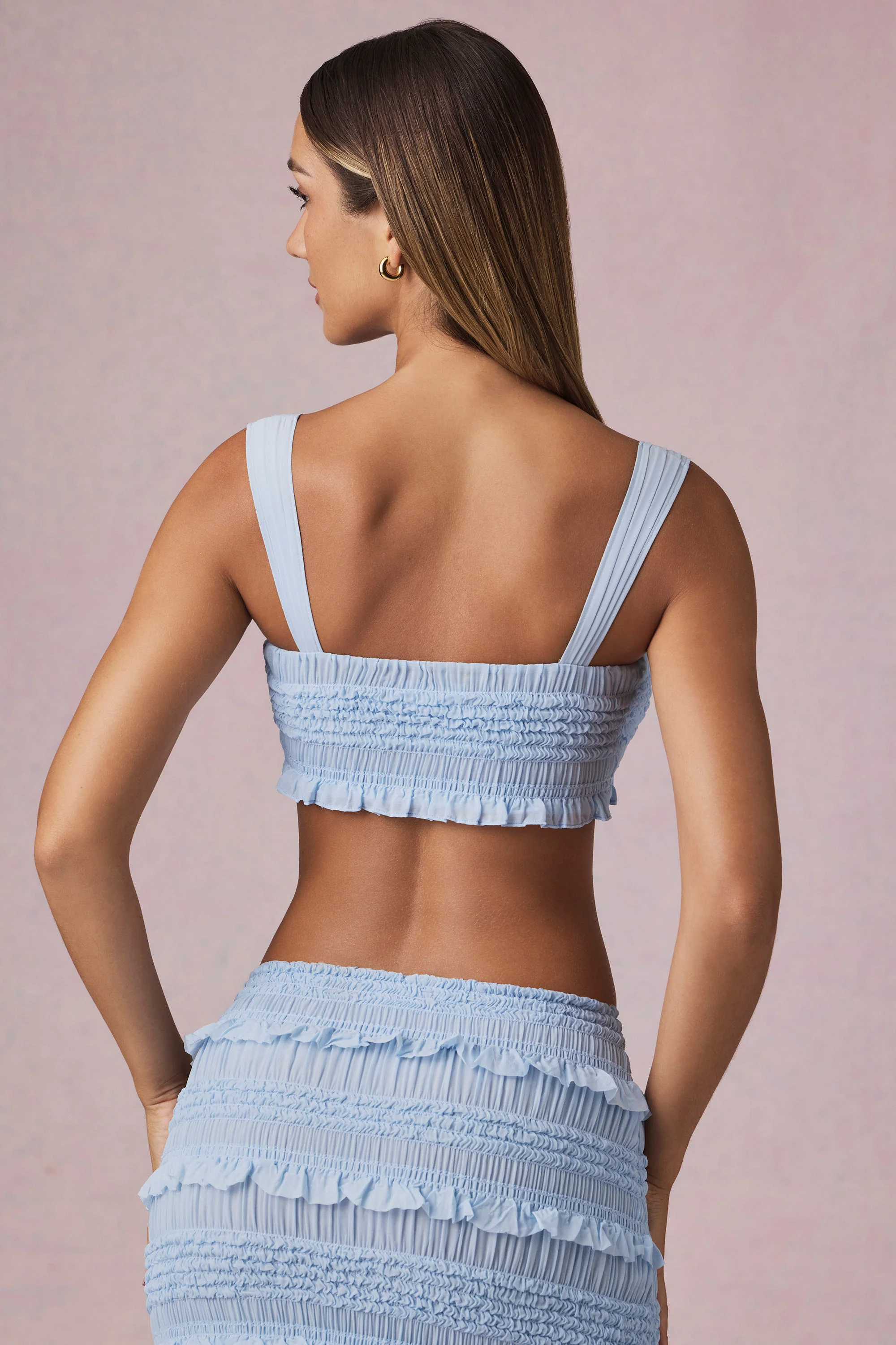 Ruffle Tie-Front Crop Top in Powder Blue - Image 3