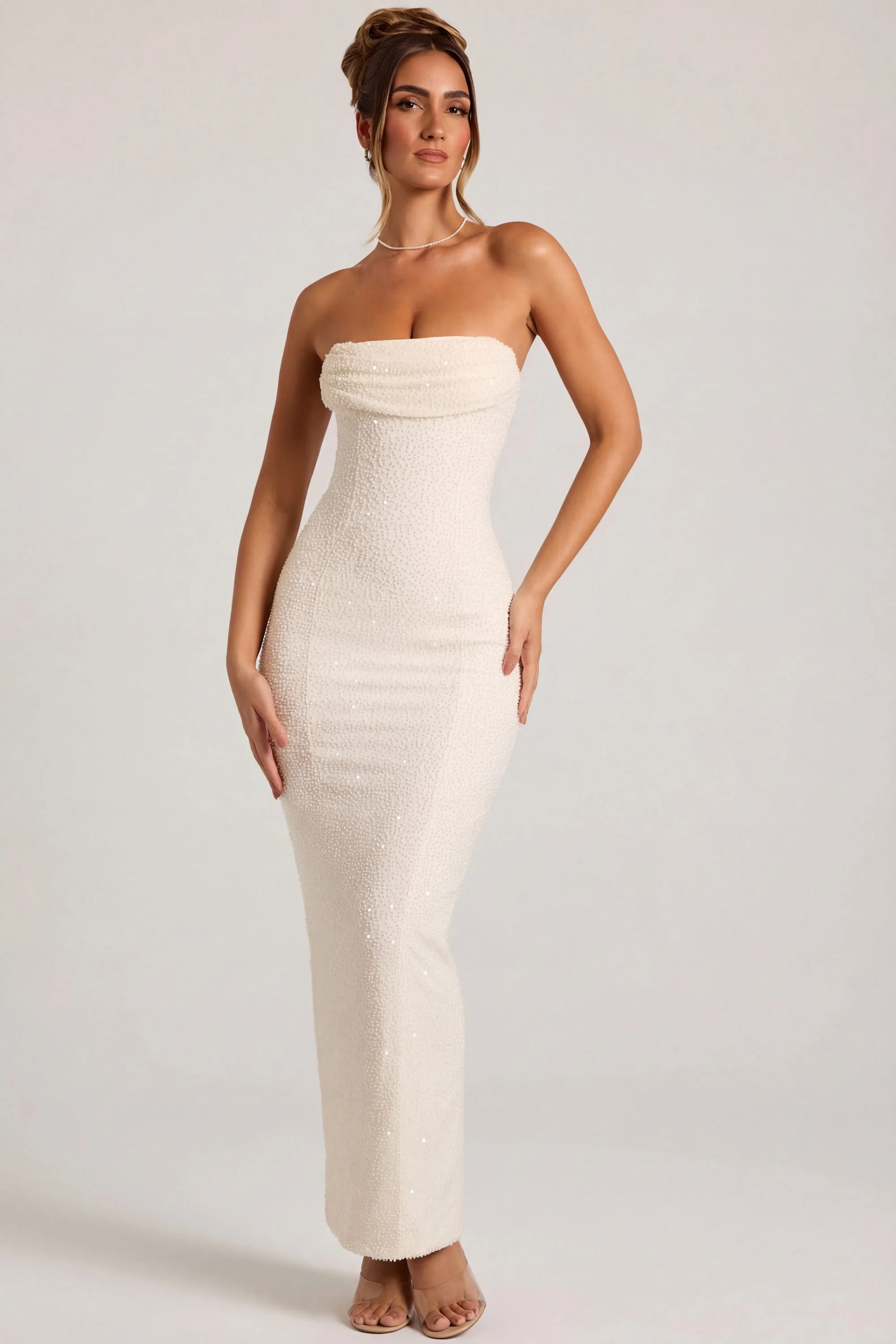 Embellished Bandeau Cowl Neck Maxi Dress in White - Image 4