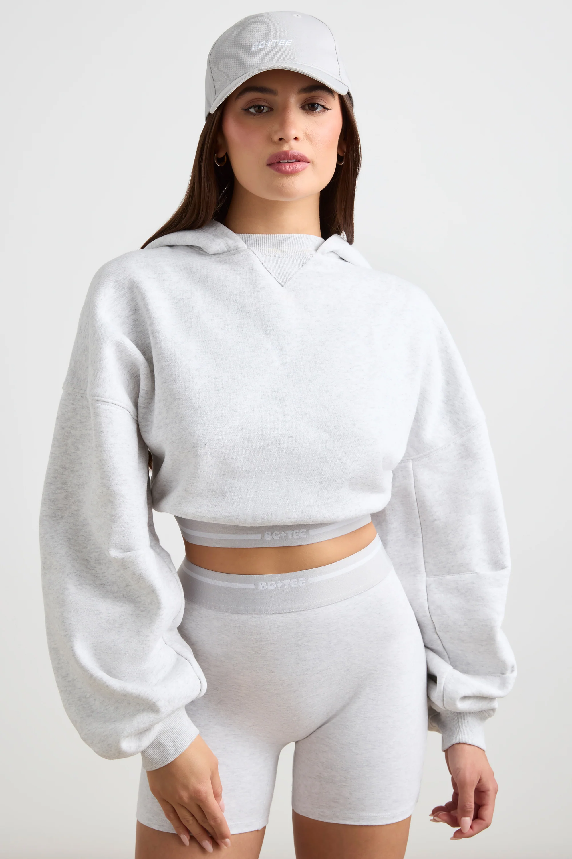 Stretch Cotton Fleece Cropped Hoodie in Grey Marl - Image 5
