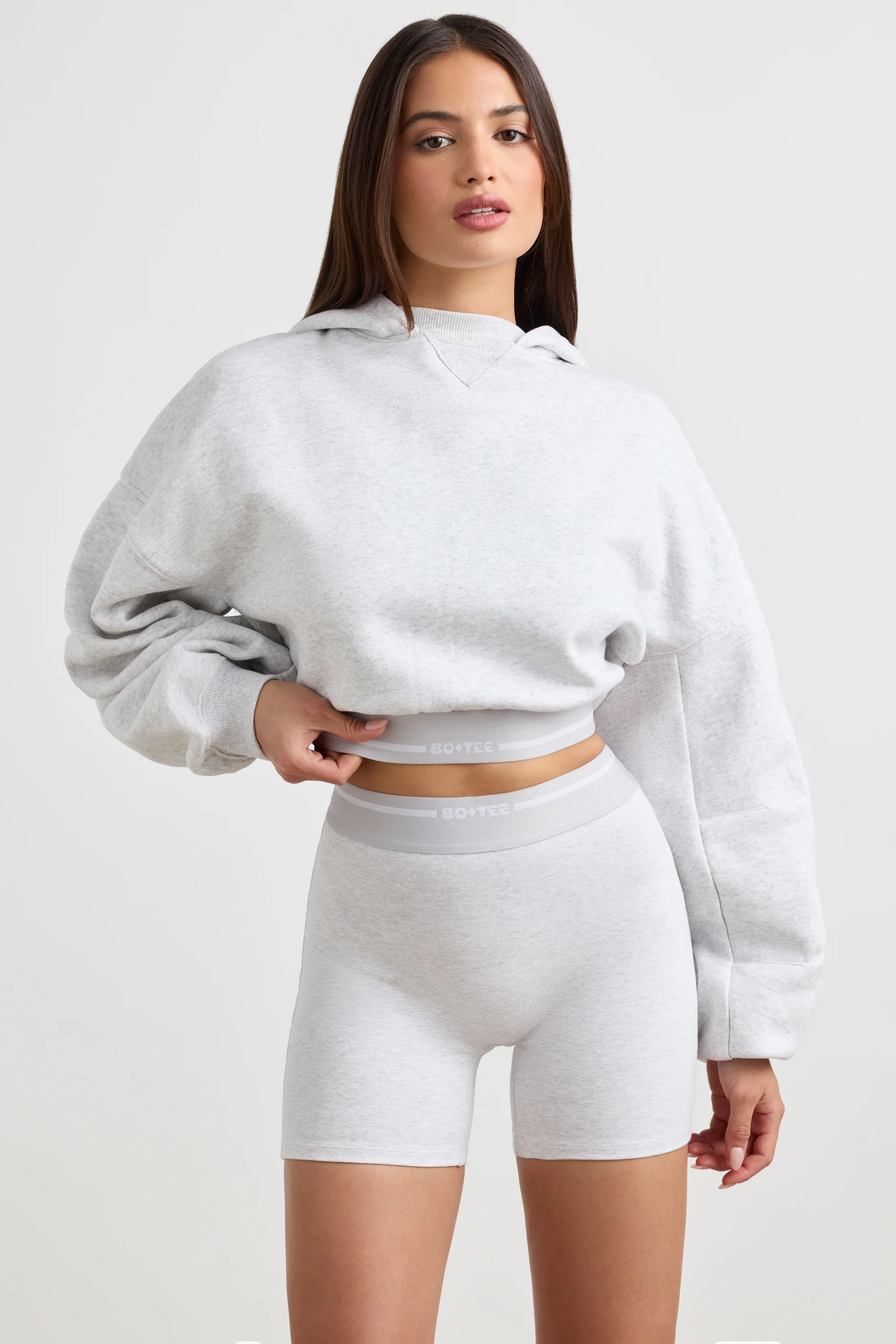 Stretch Cotton Fleece Cropped Hoodie in Grey Marl - Image 7