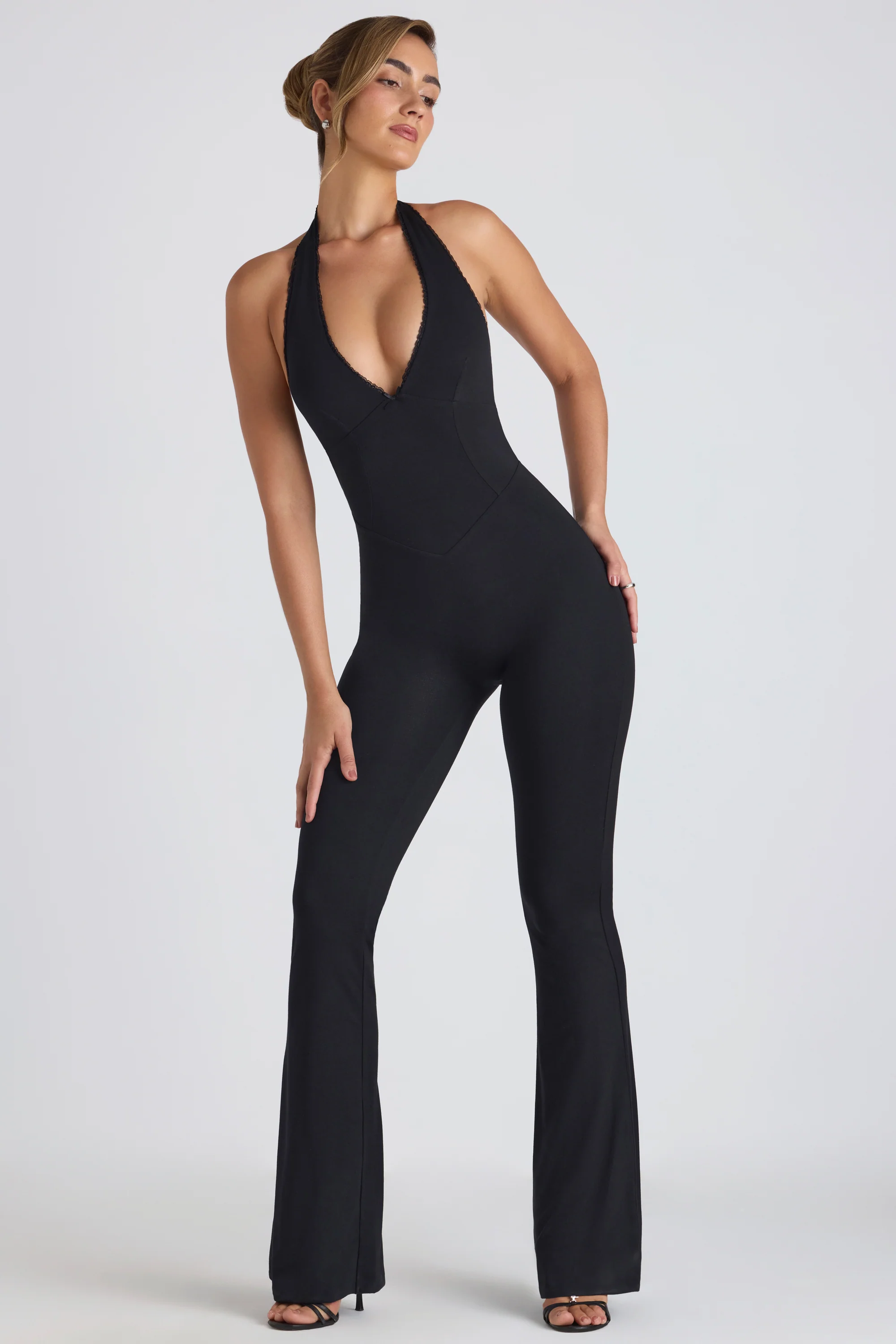 Modal Lace-Trim Cut-Out Flared Jumpsuit in Black - Image 5