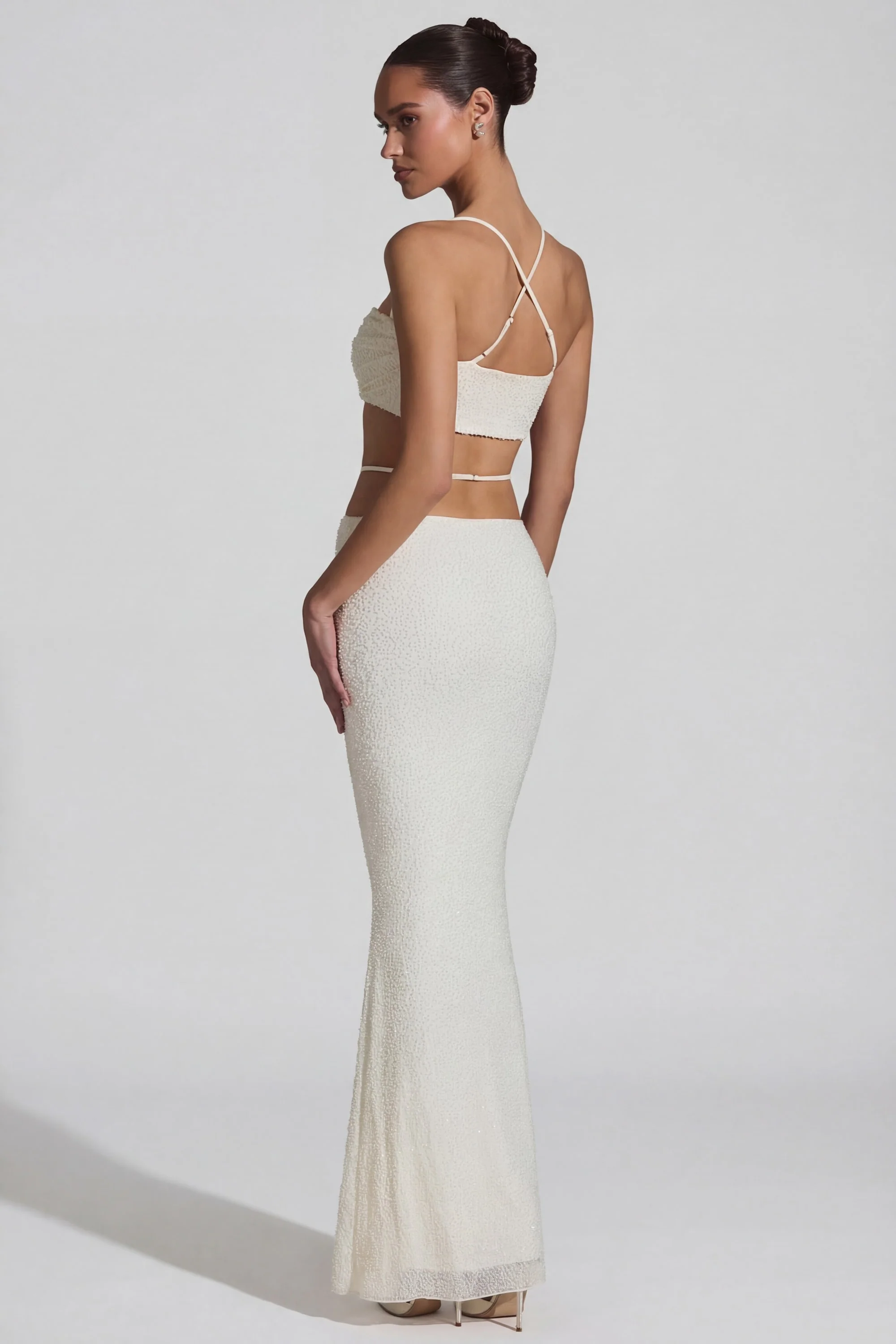 Embellished Cross Back Crop Top in White - Image 2