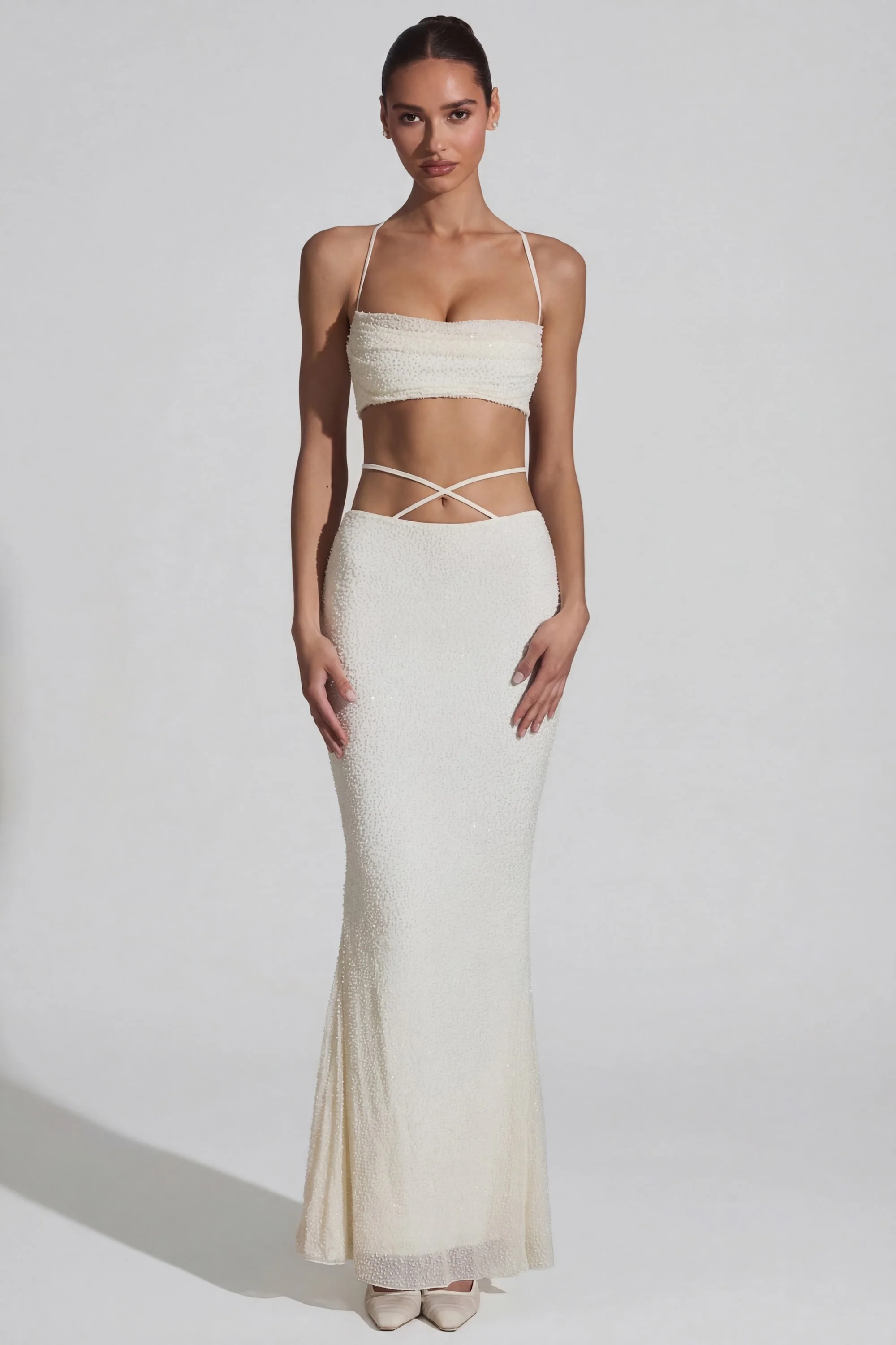 Embellished Cross Back Crop Top in White - Image 4