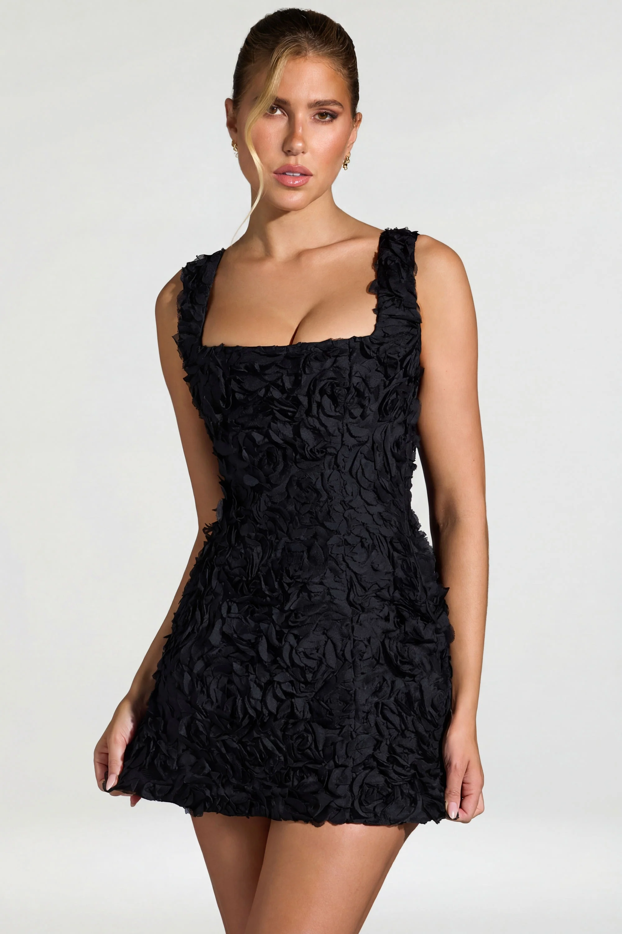 Floral-Appliqué Square-Neck Corset Mini Dress in Black - Image 2