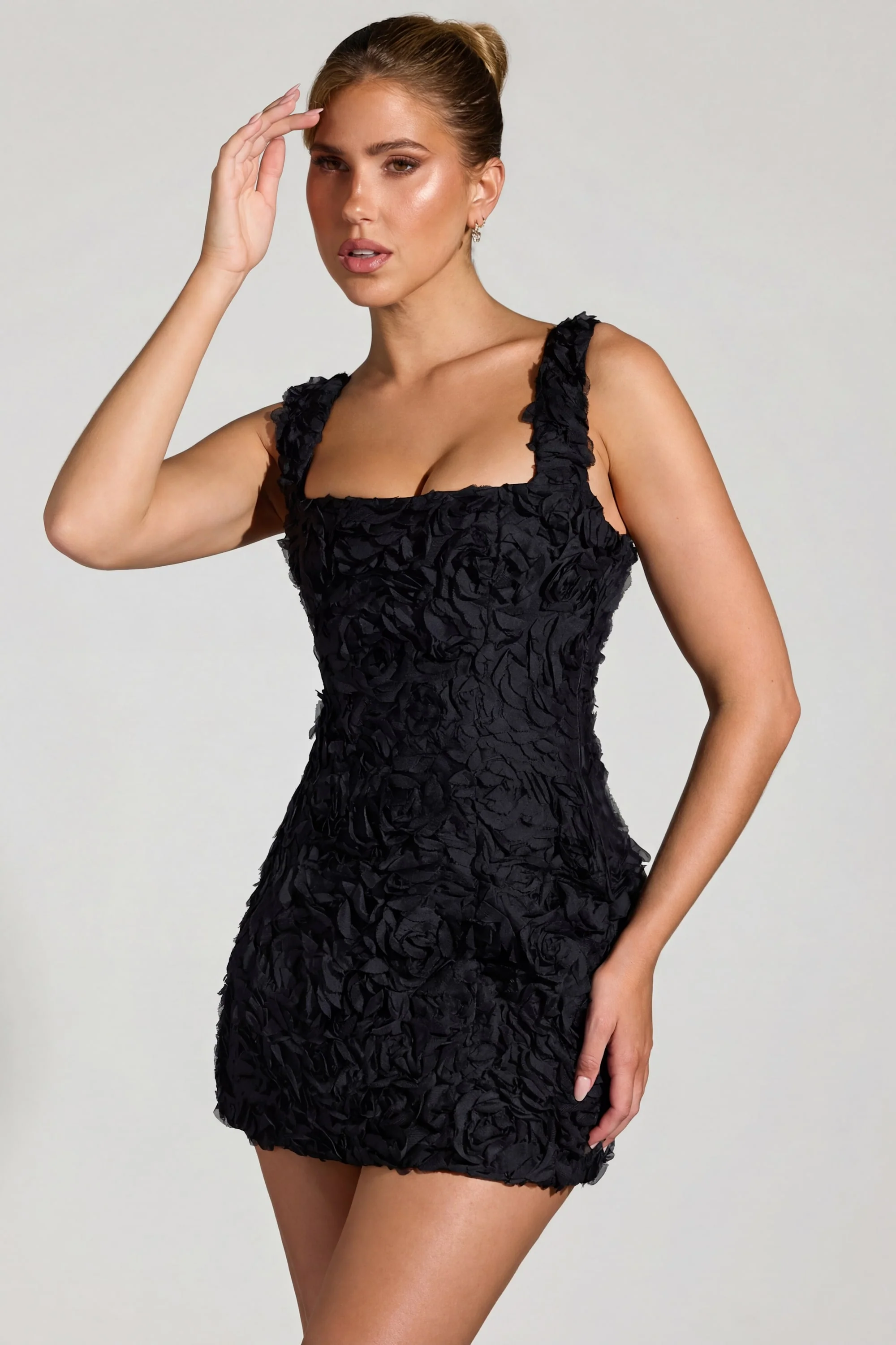 Floral-Appliqué Square-Neck Corset Mini Dress in Black - Image 3