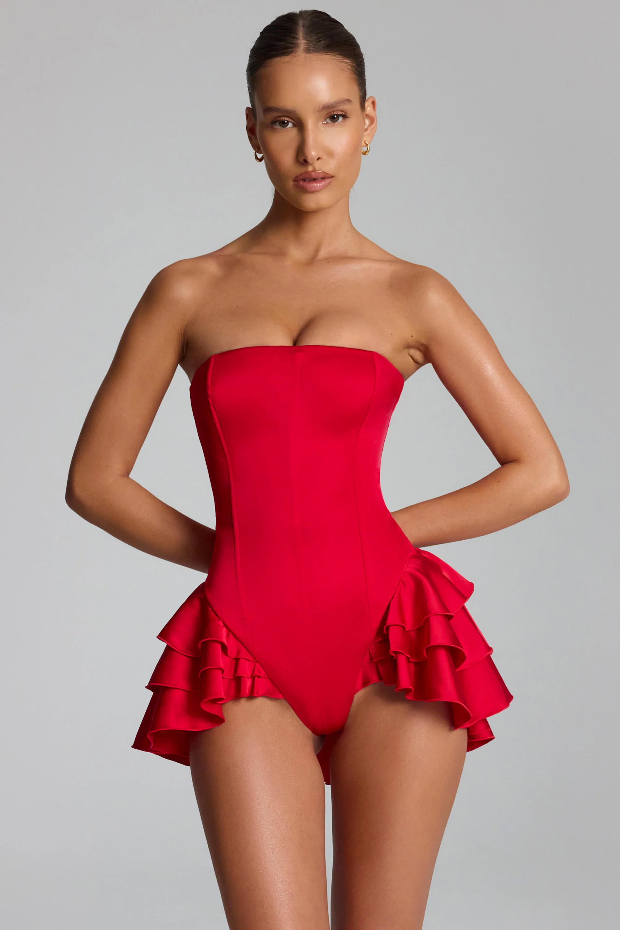 Ruffled Lace-Up Corset Playsuit in Fire Red