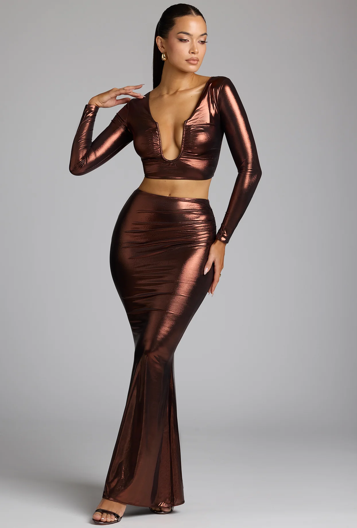Plunge Neck Metallic Jersey Crop Top in Copper Bronze - Image 10