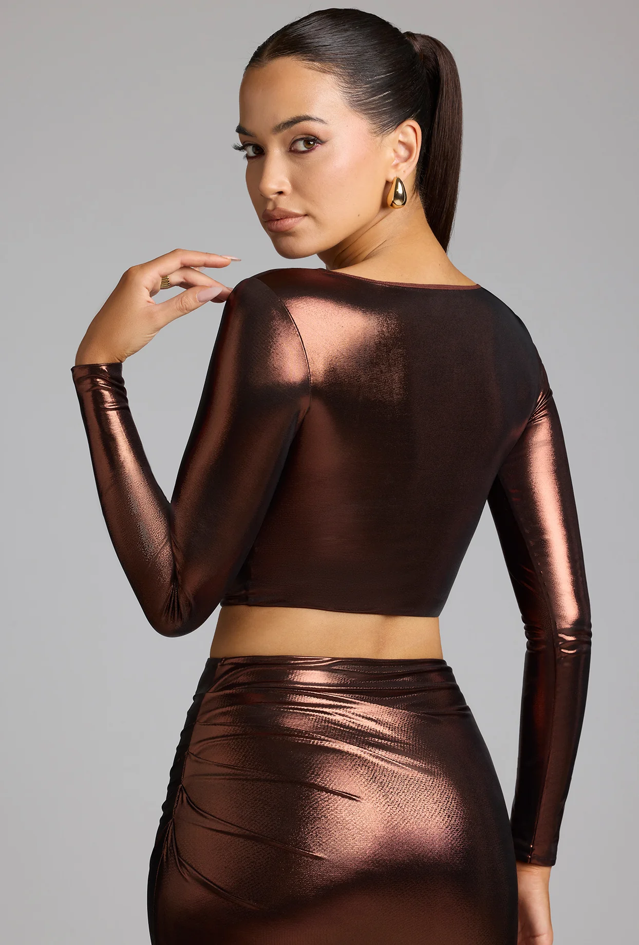 Plunge Neck Metallic Jersey Crop Top in Copper Bronze - Image 2