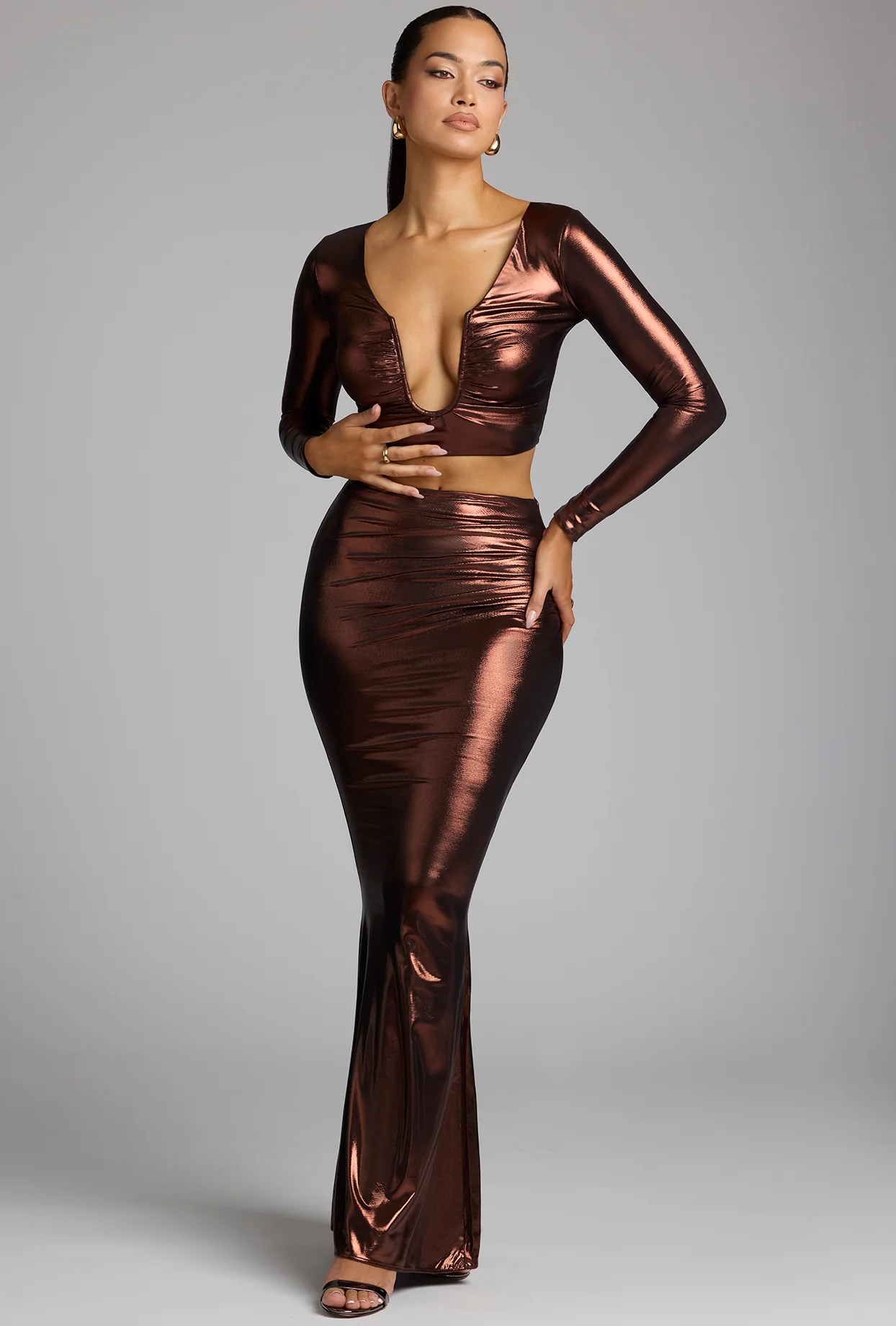 Plunge Neck Metallic Jersey Crop Top in Copper Bronze - Image 8