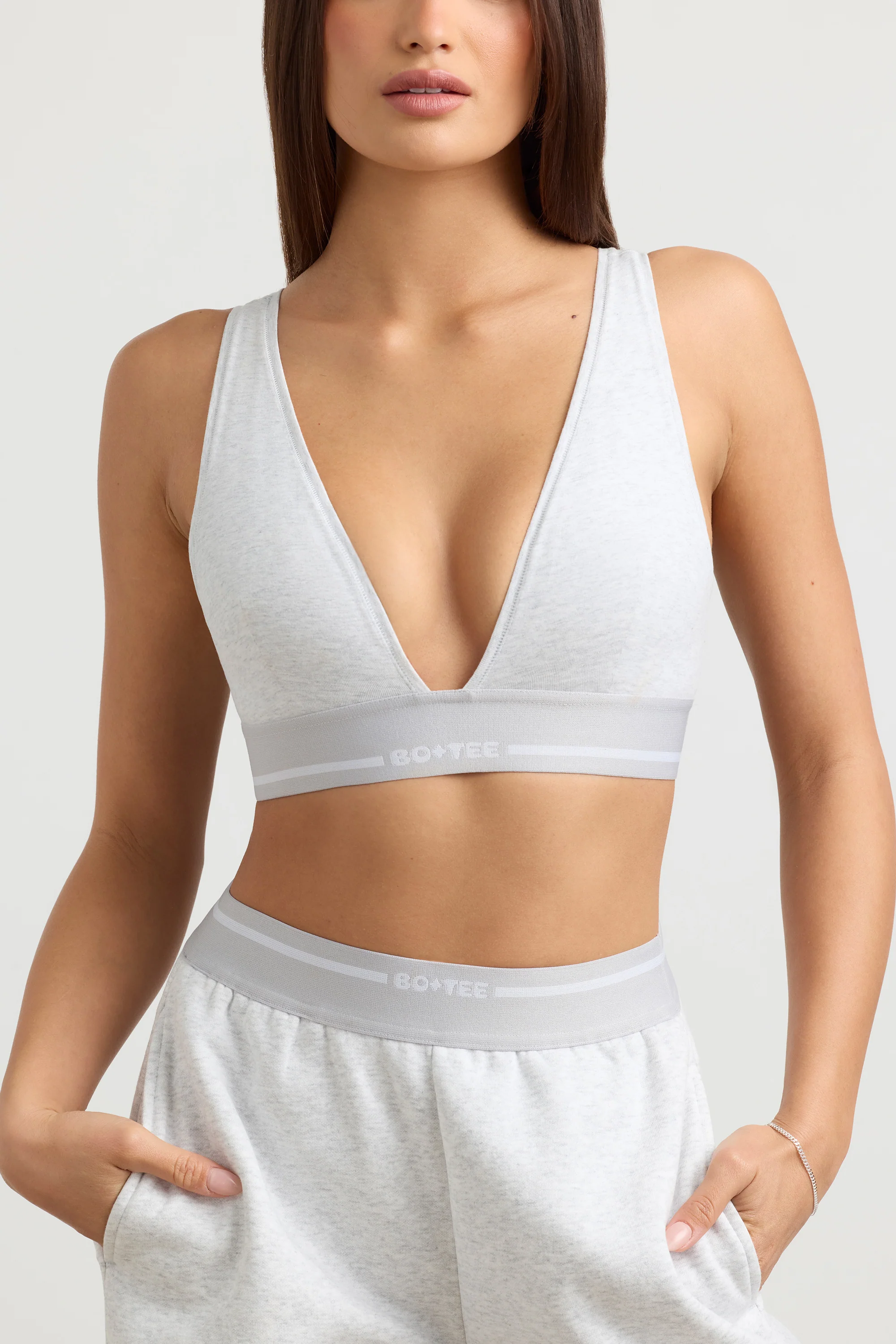 Stretch Cotton Jersey Plunge-Neck Crop Top in Grey Marl - Image 4
